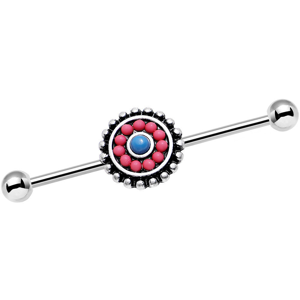14G Pink and Blue Floral Mandala Industrial Barbell 38mm