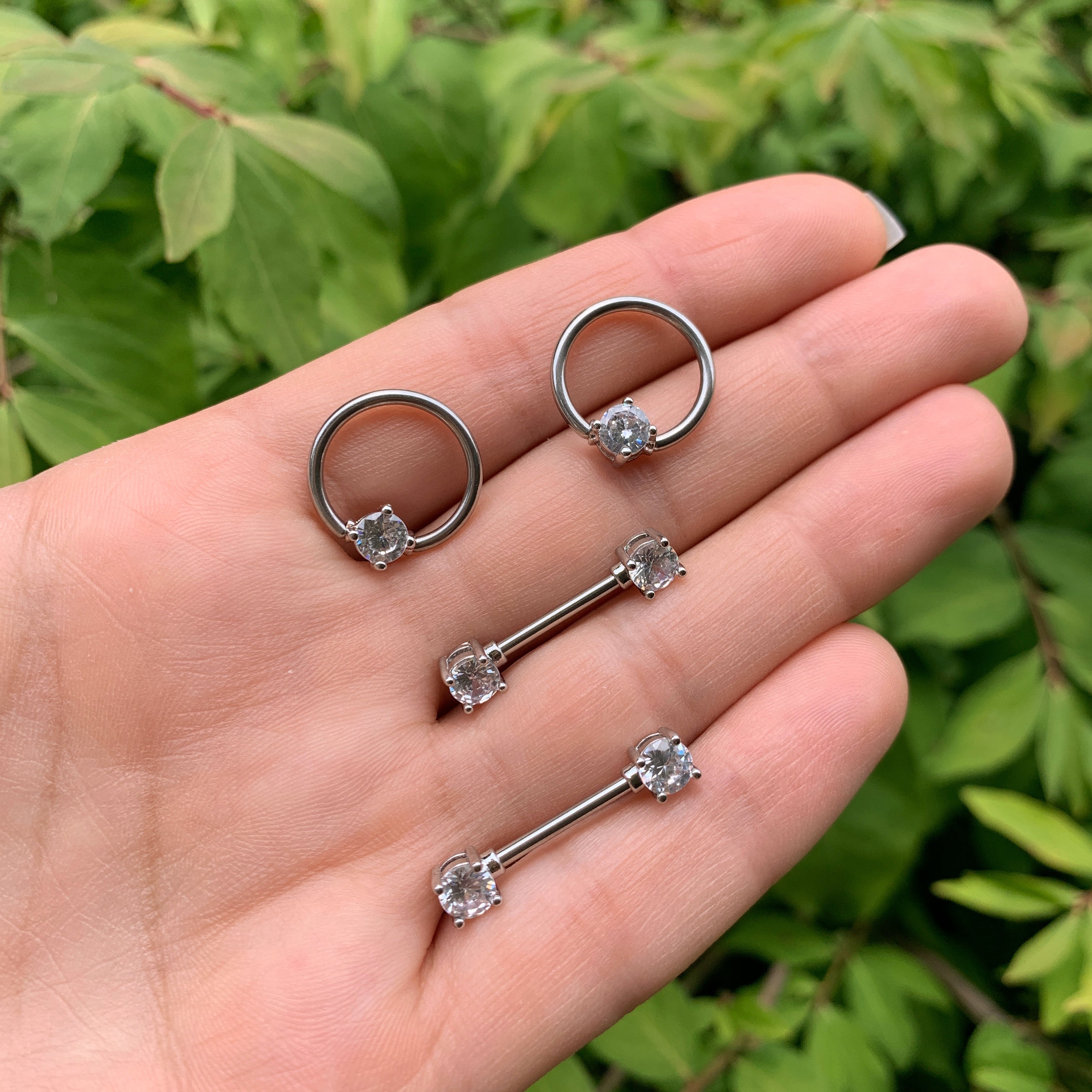 14G 9/16 Clear Gem BCR Captive Ring Barbell Nipple Ring Set