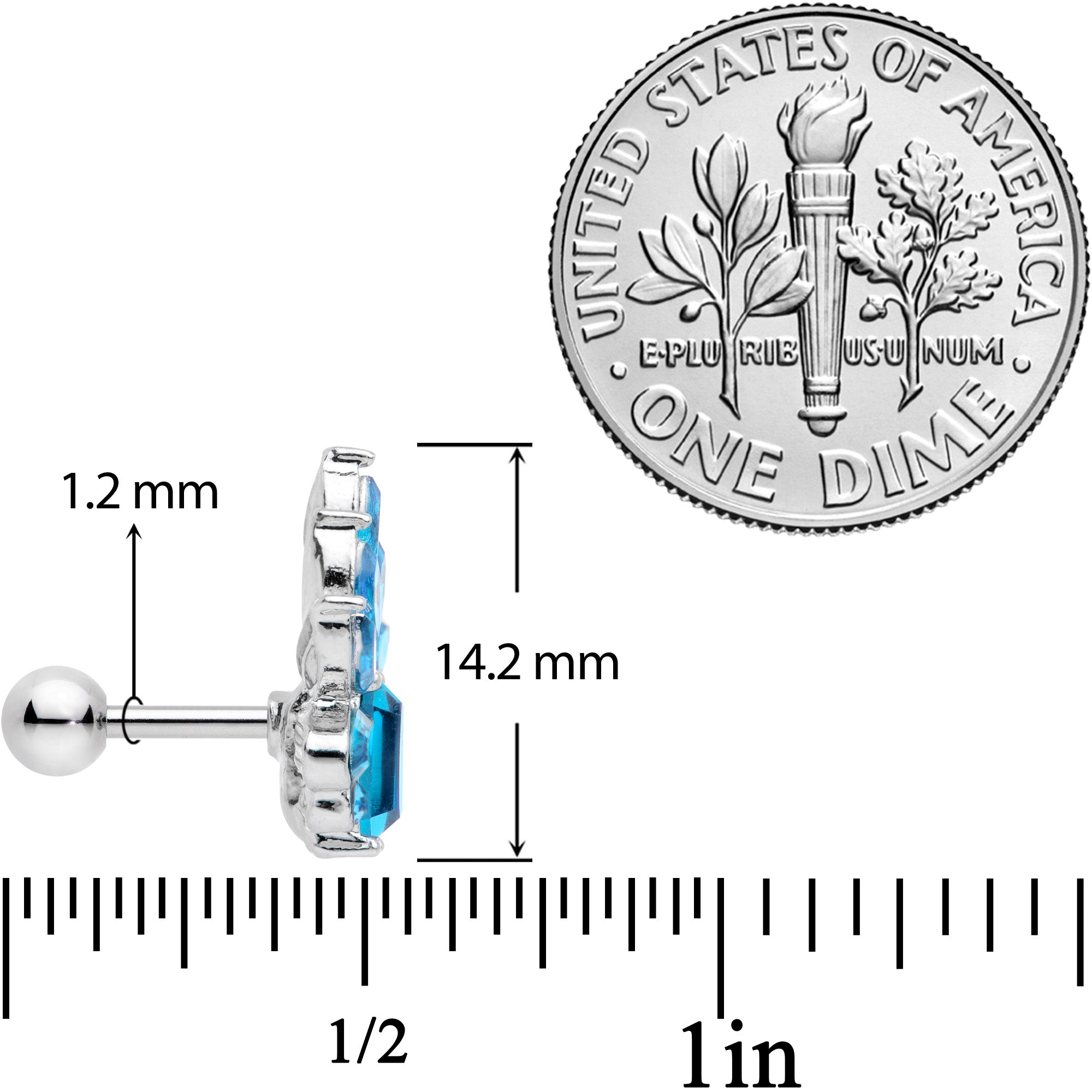 16G 1/4 Aqua Gem Tiara Flower Cartilage Tragus Earring