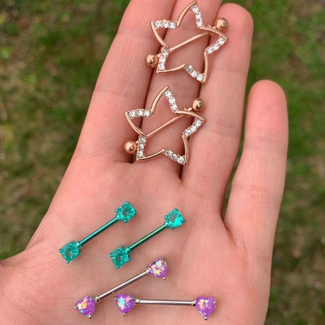 14G 9/16 Purple Faux Opal Purple Barbell Nipple Ring Set