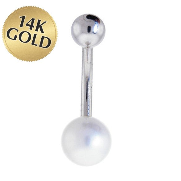 Solid 14KT White Gold Synthetic Pearl Belly Ring