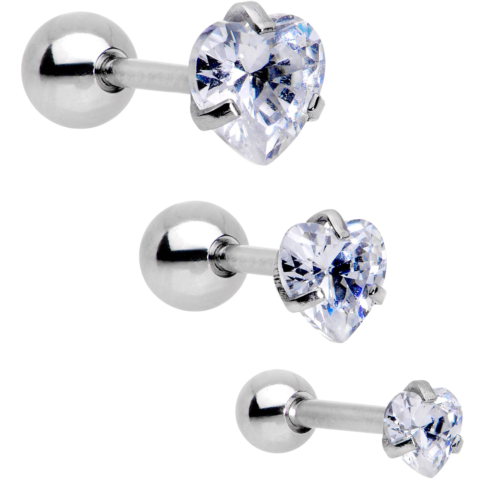 16G 5/16 Clear Gem Heart Trio Tragus Cartilage Earring Set of 3