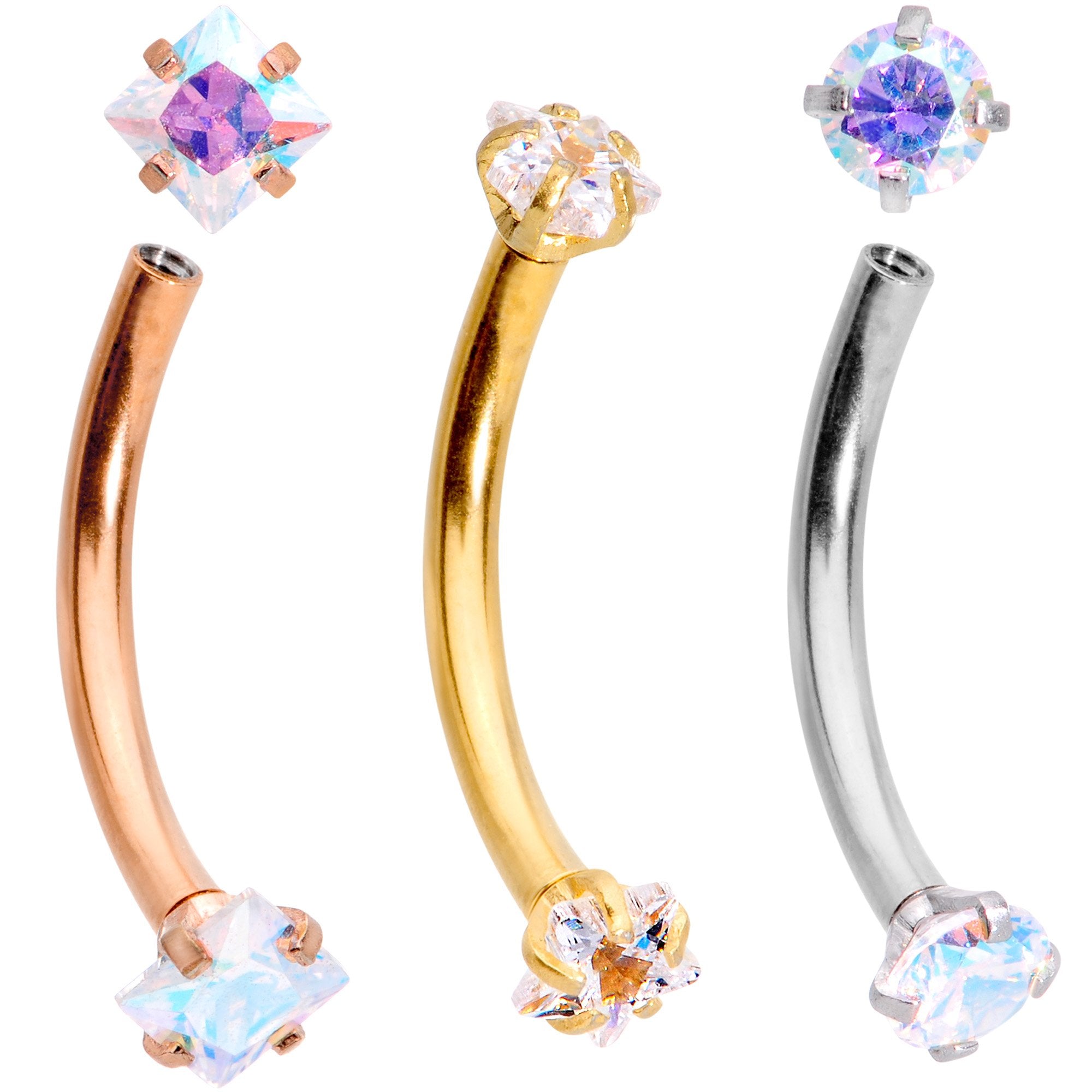 3/8 Clear Gem Anodized Curved Eyebrow Ring Set of 3