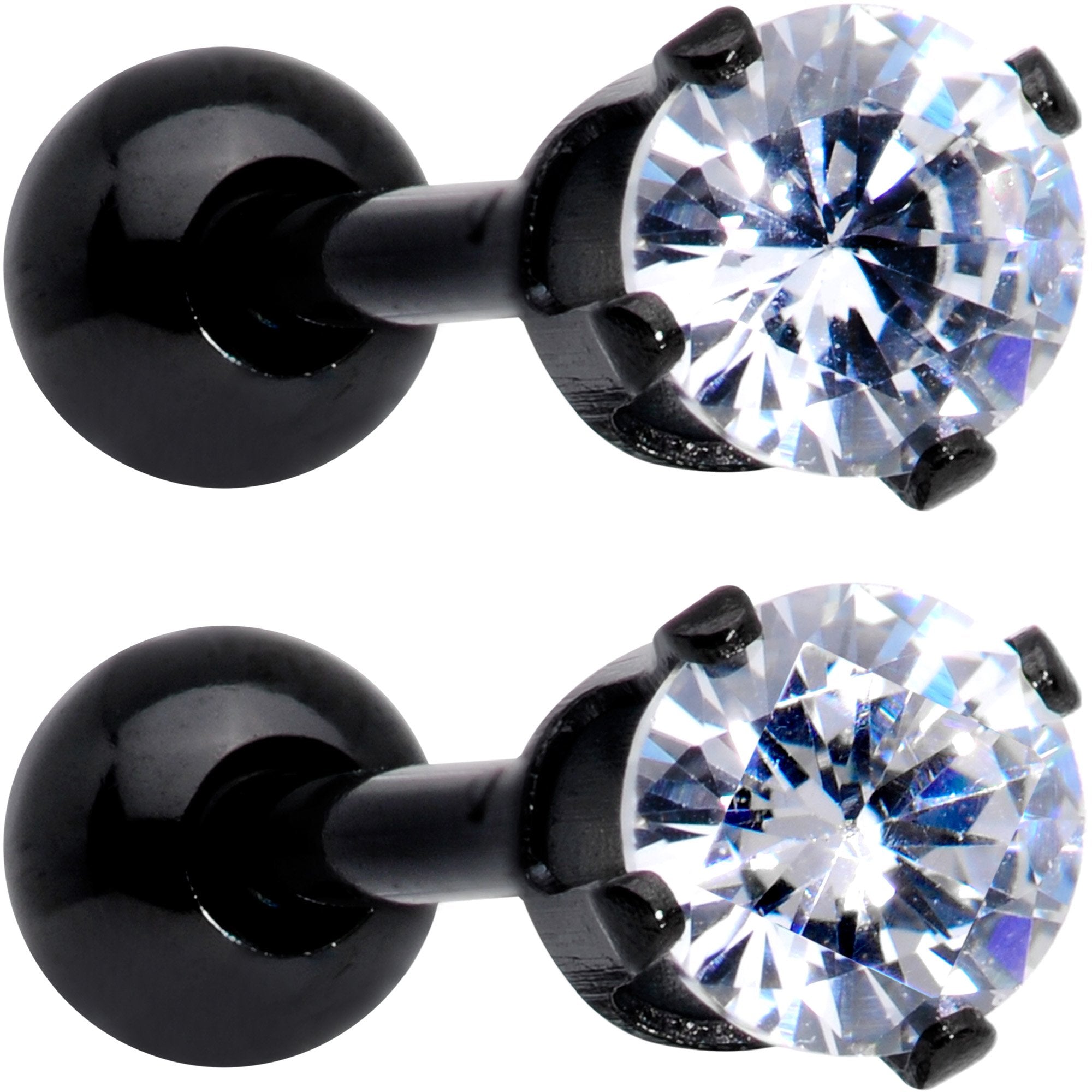 16G 3/8 Clear Gem Black Anodized Titanium Cartilage Tragus Earring 2 Pack Set