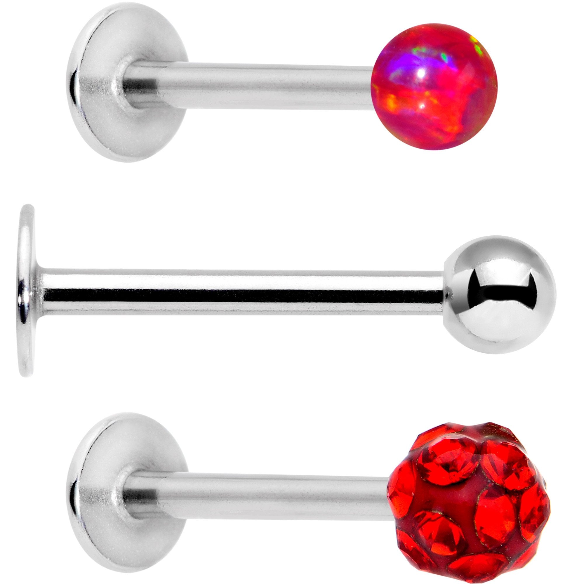 16G 3/8 Red Faux Opal Ball Labret Monroe Tragus 3 Pack Set