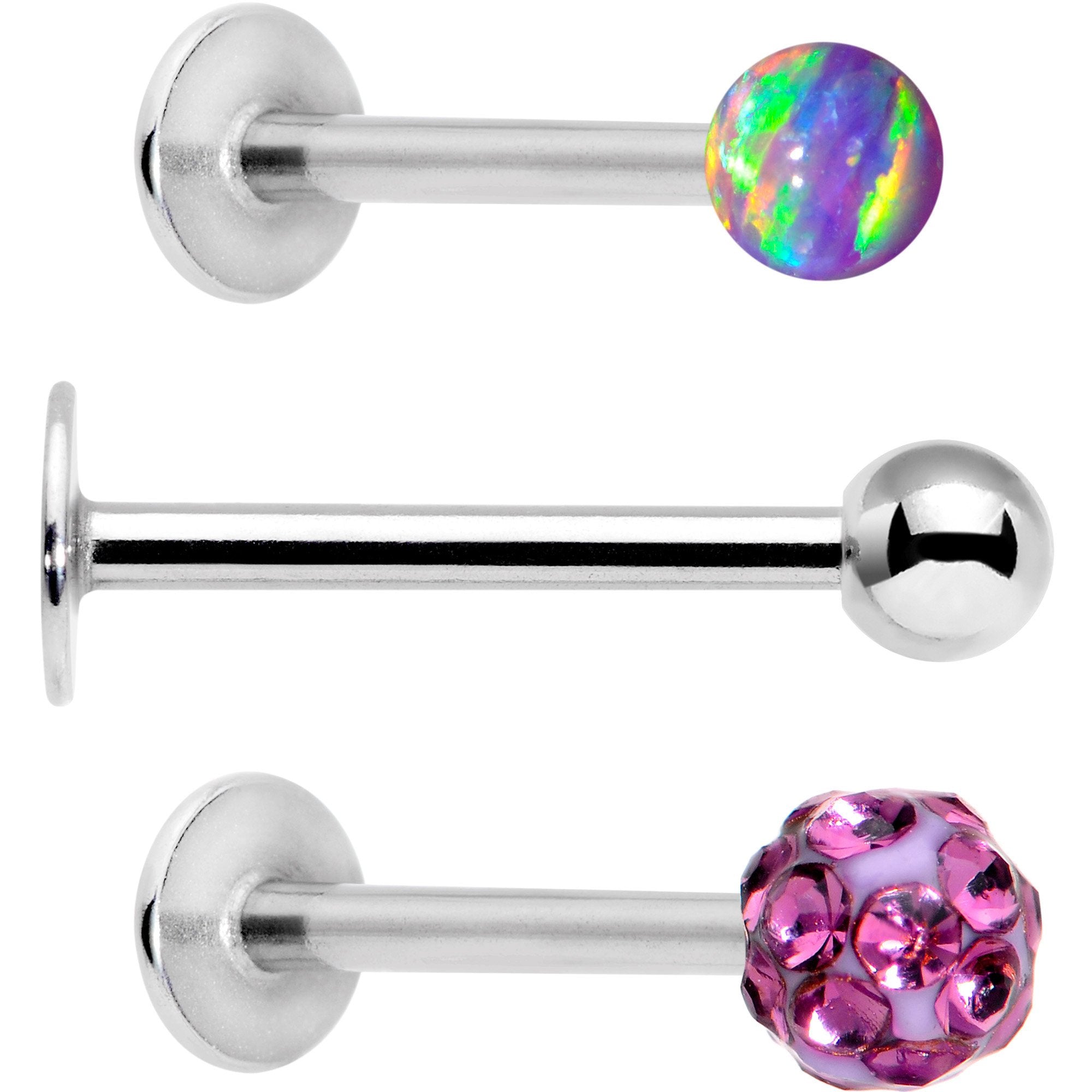 16G 3/8 Purple Faux Opal Ball Labret Monroe Tragus 3 Pack Set