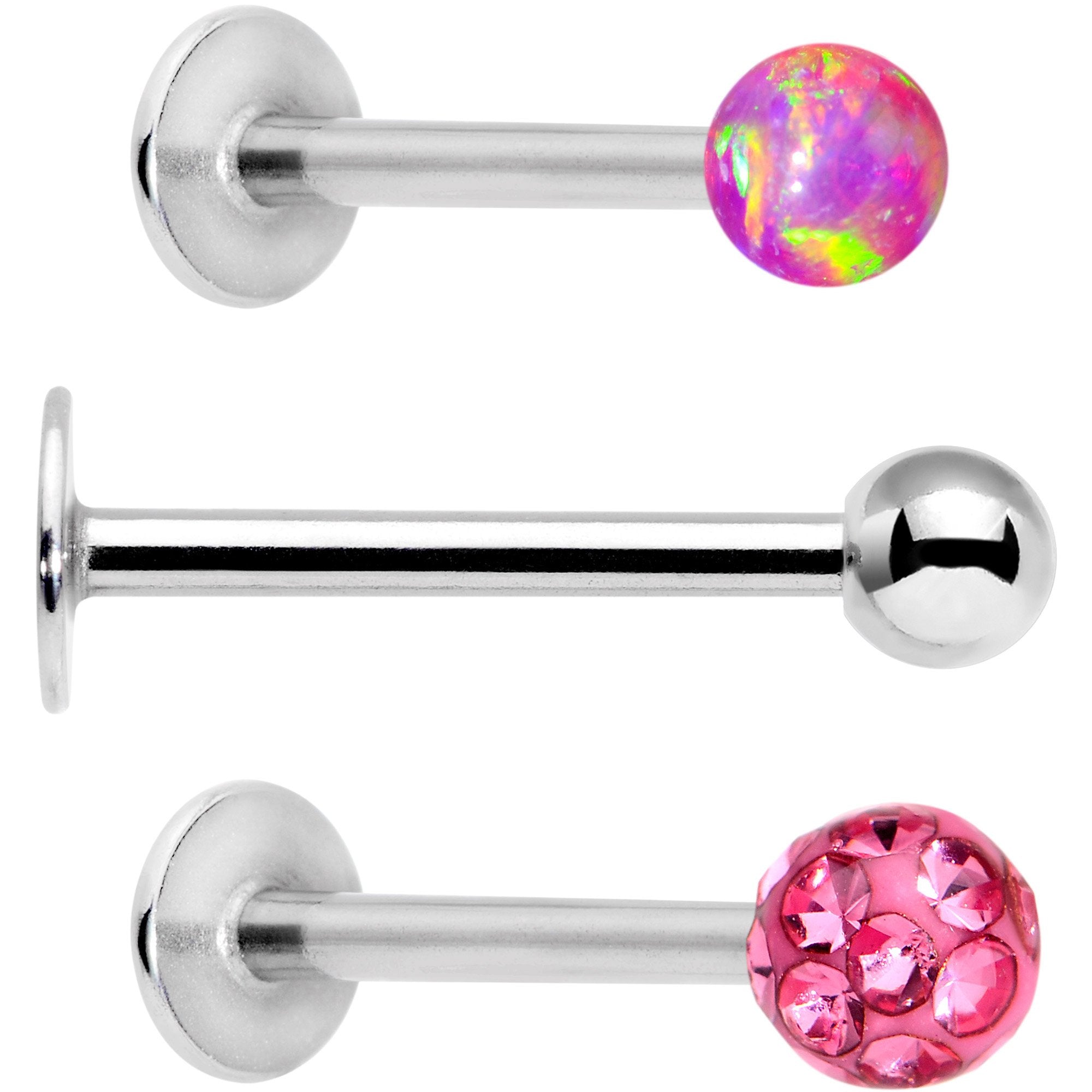 16G 3/8 Pink Faux Opal Ball Labret Monroe Tragus 3 Pack Set