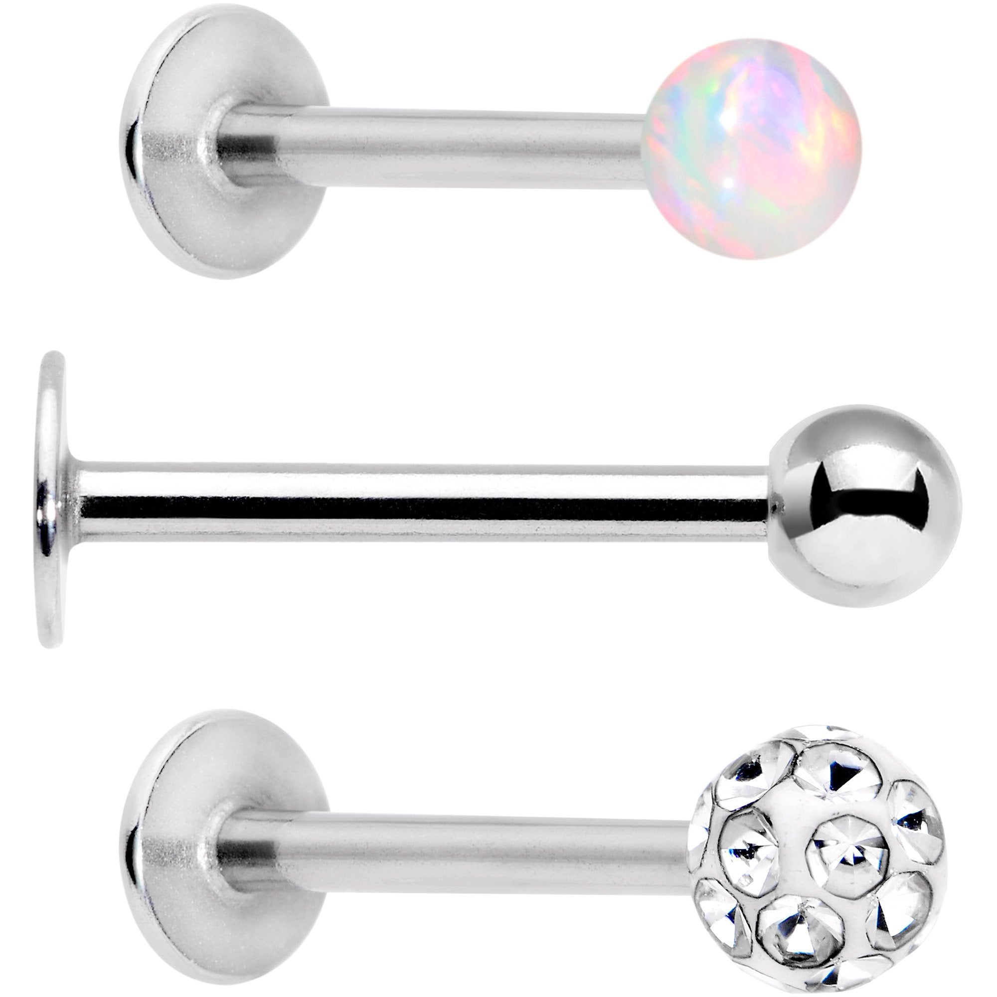 16G 3/8 White Faux Opal Ball Labret Monroe Tragus 3 Pack Set