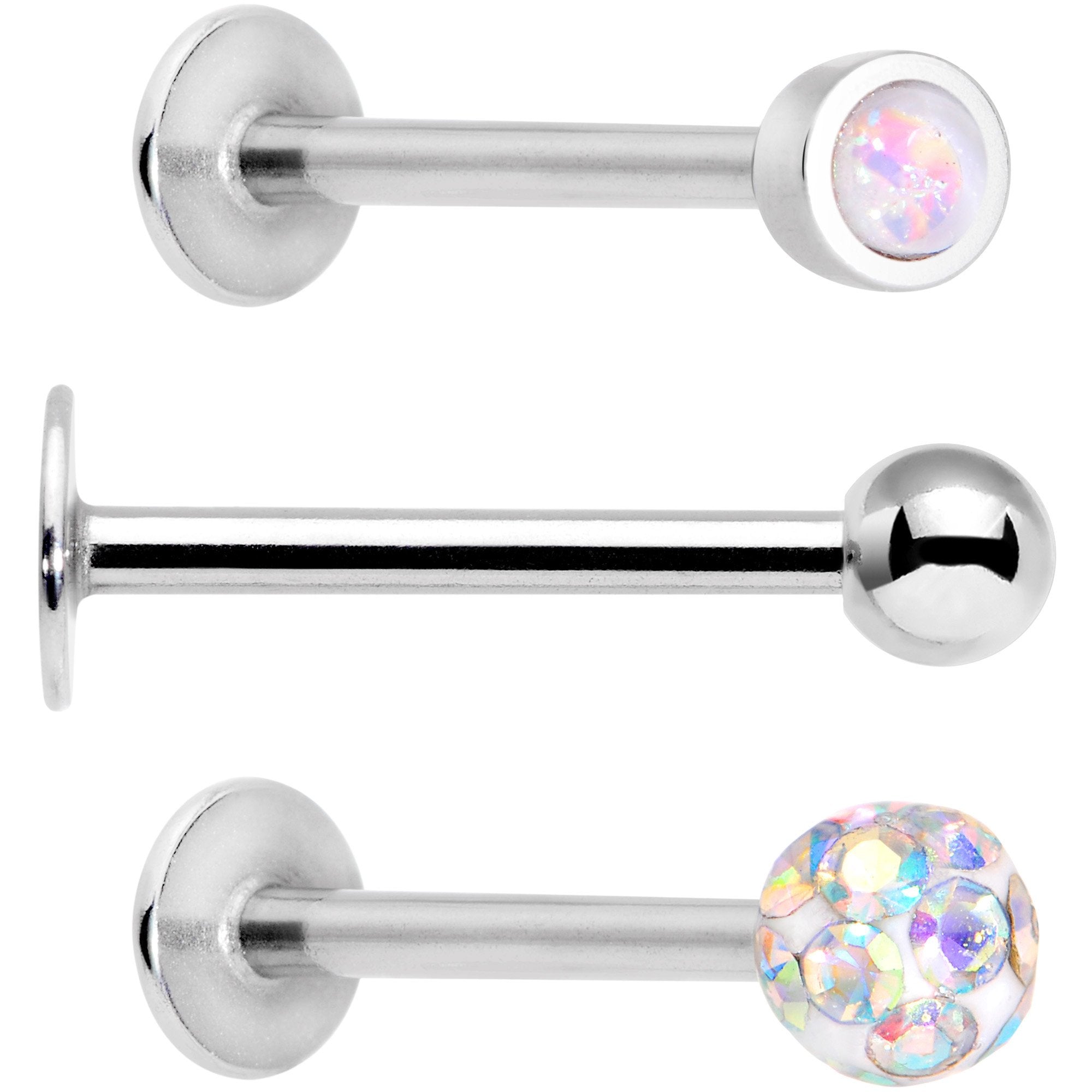 16G 3/8 Aurora Press Fit Faux Opal Labret Monroe Tragus 3 Pack Set