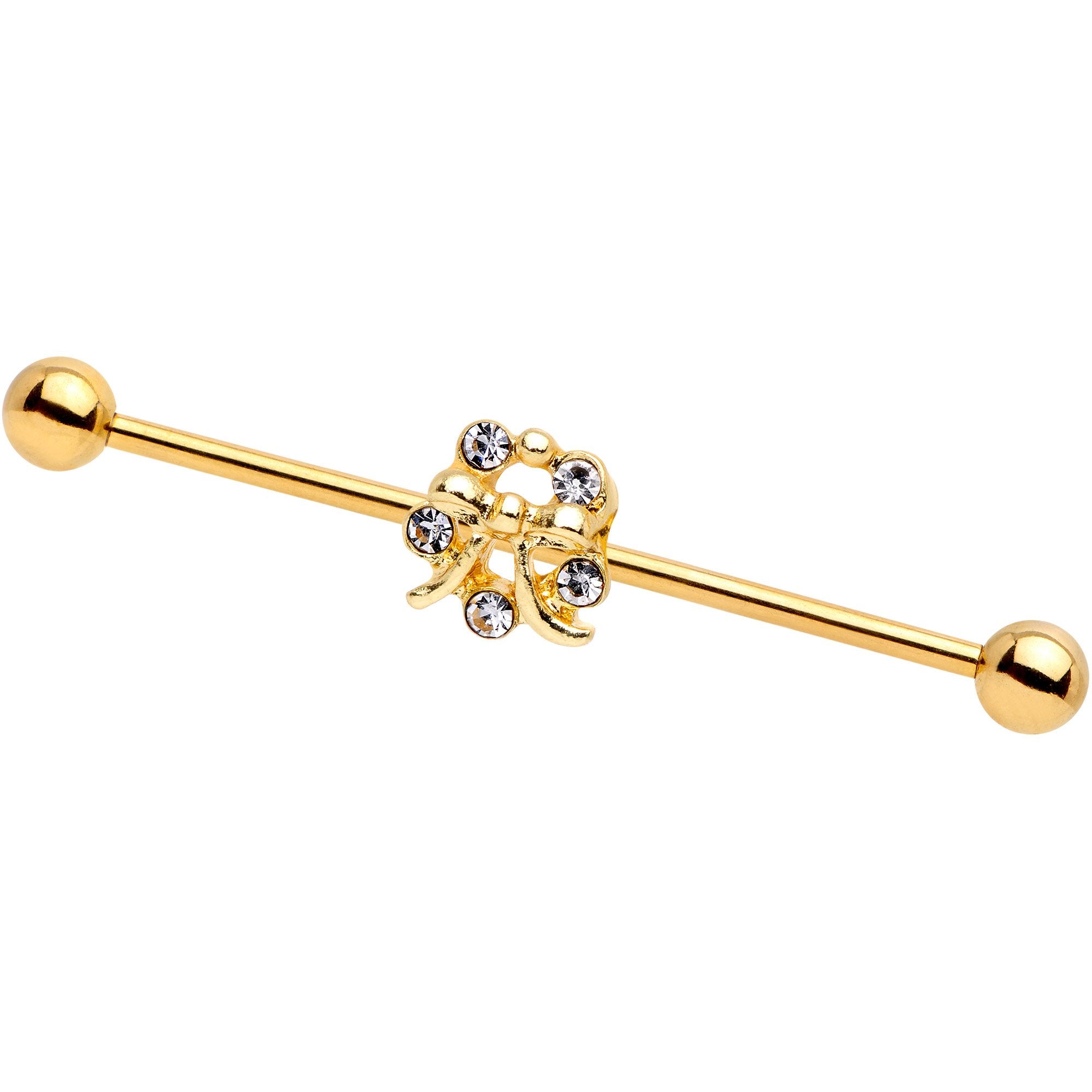 14G Clear Gem Gold PVD Halo Pretty Bow Industrial Barbell 38mm