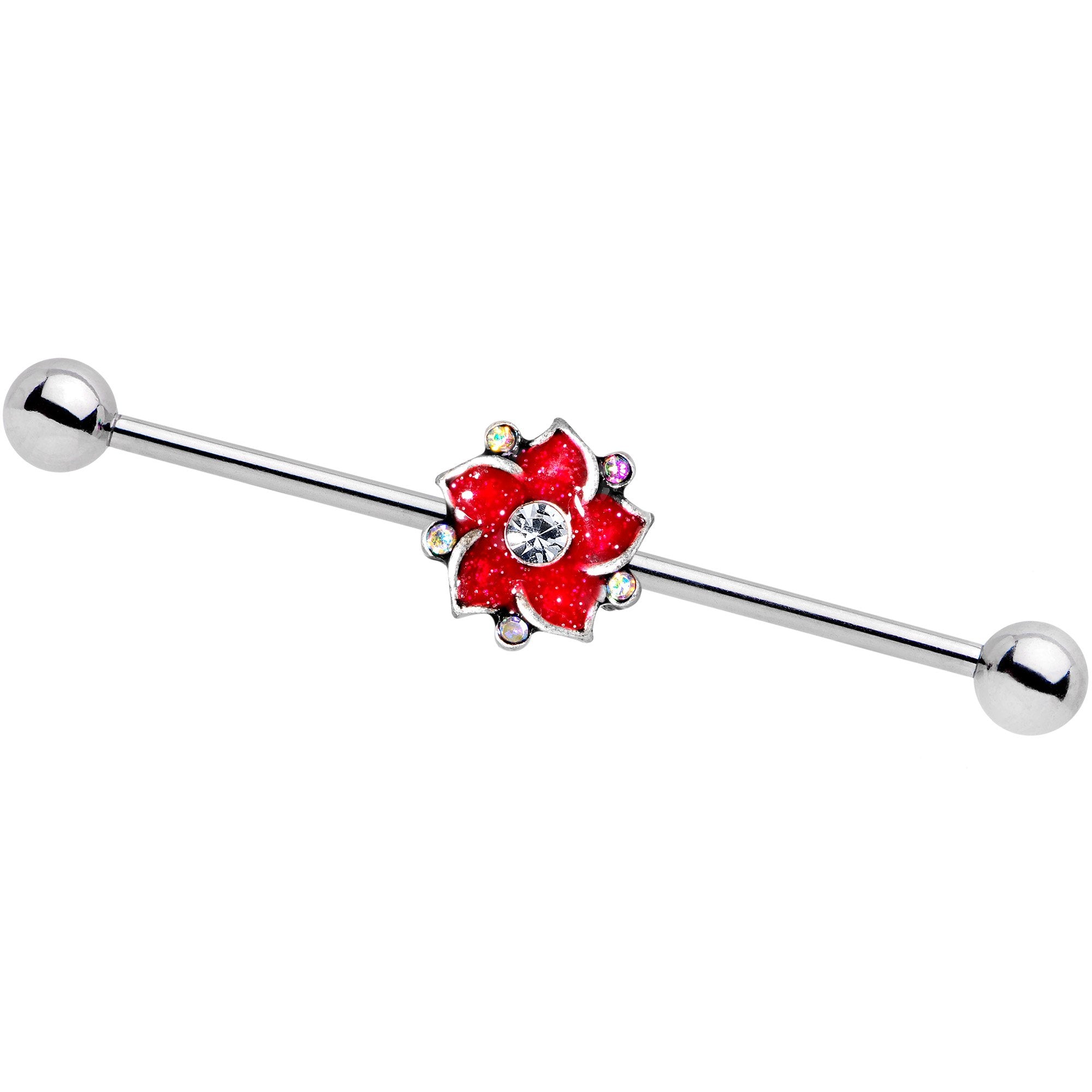14G Red Gem Fire Flower Industrial Barbell 38mm