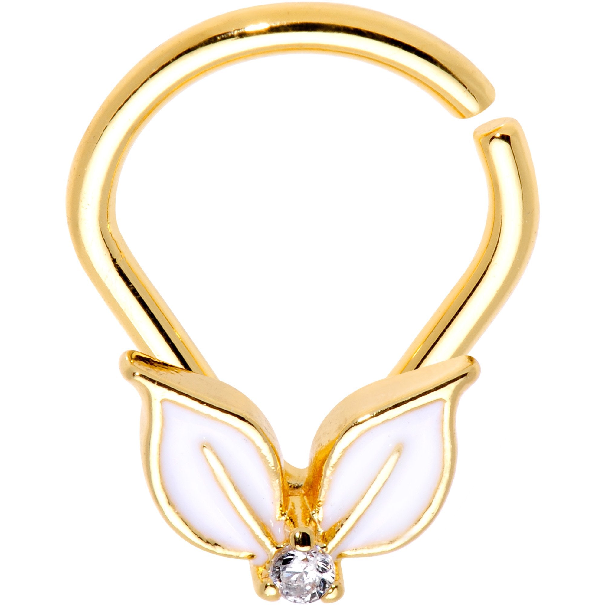16G 3/8 Clear CZ Gold PVD White Leaves Ellipse Septum Ring