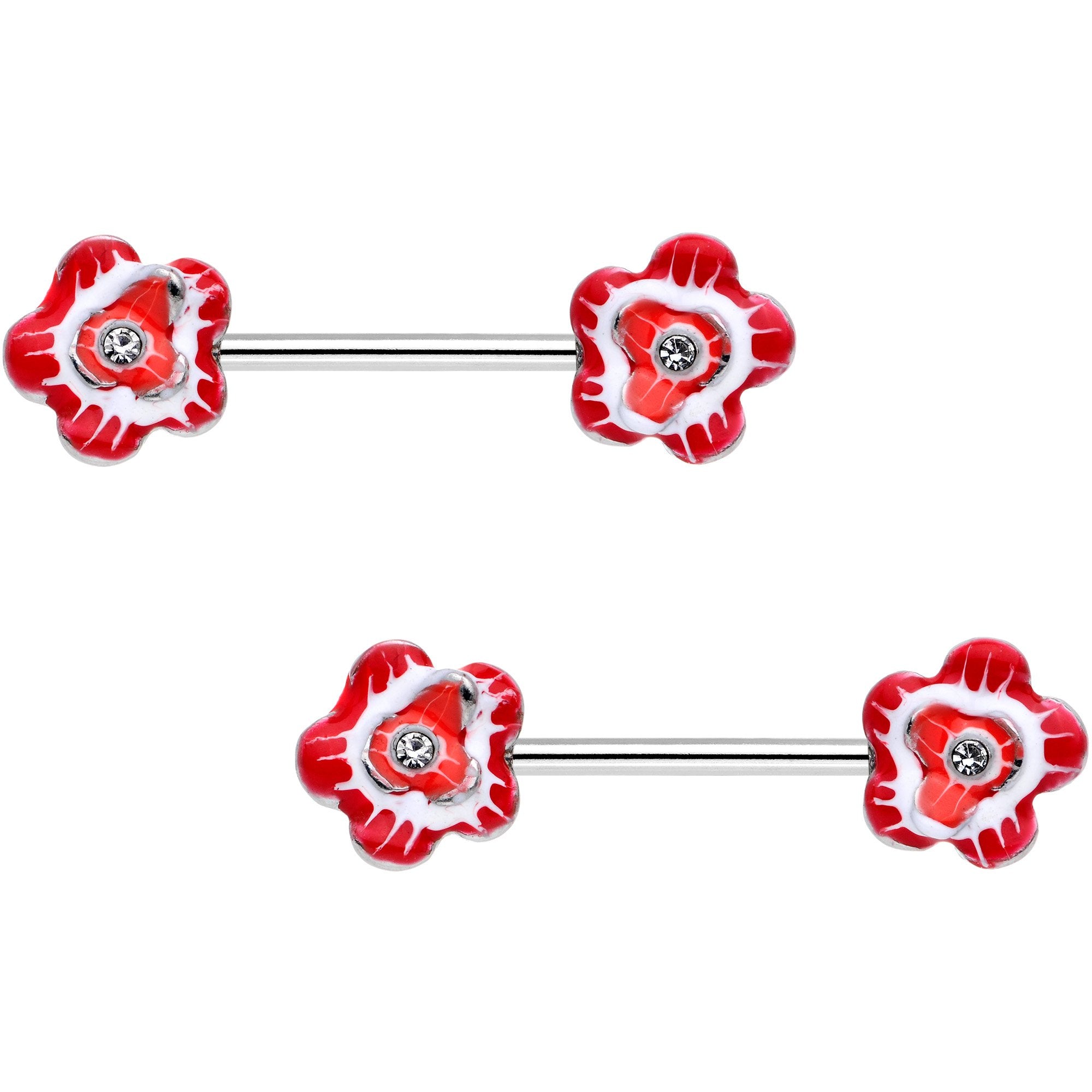 9/16 Clear Gem Red Anemone Buttercup Flower Barbell Nipple Ring Set
