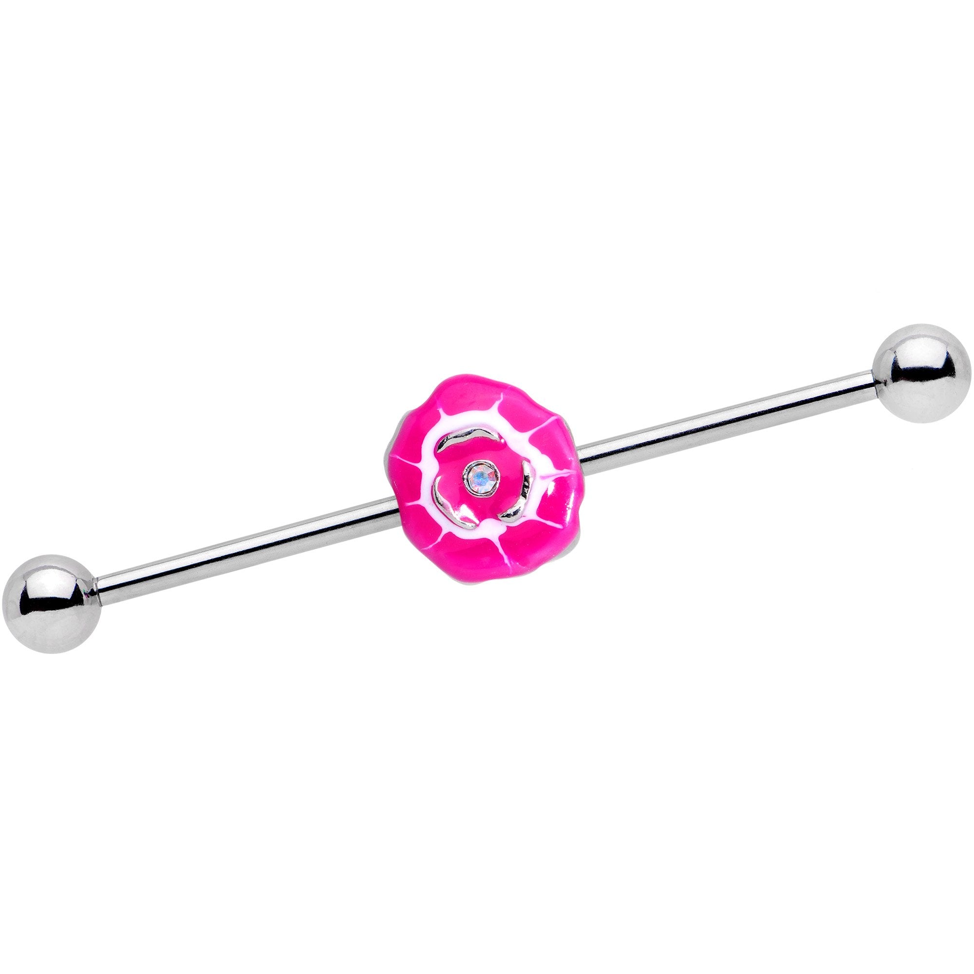 14G Clear Gem Pink Anemone Flower Industrial Barbell 38mm