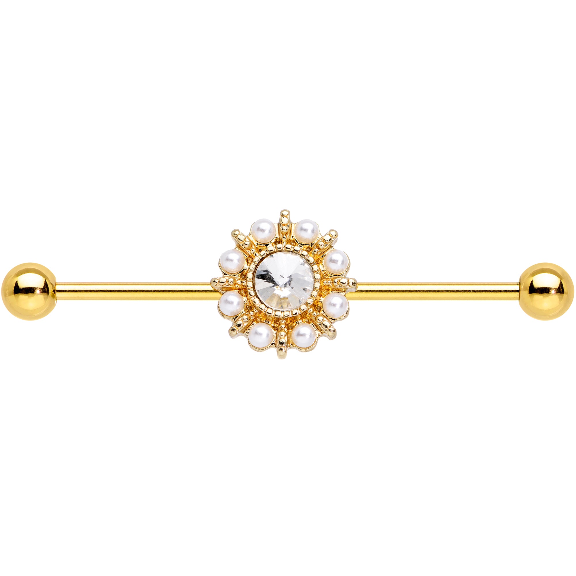 Clear Gem White Orb Gold PVD Sun Wheel Industrial Barbell 38mm