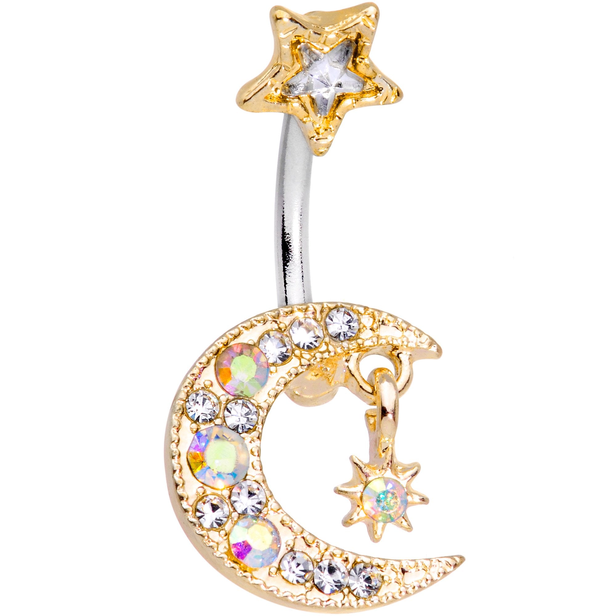 Clear Aurora Gem Gold Tone Moon and Star Duo Dangle Belly Ring