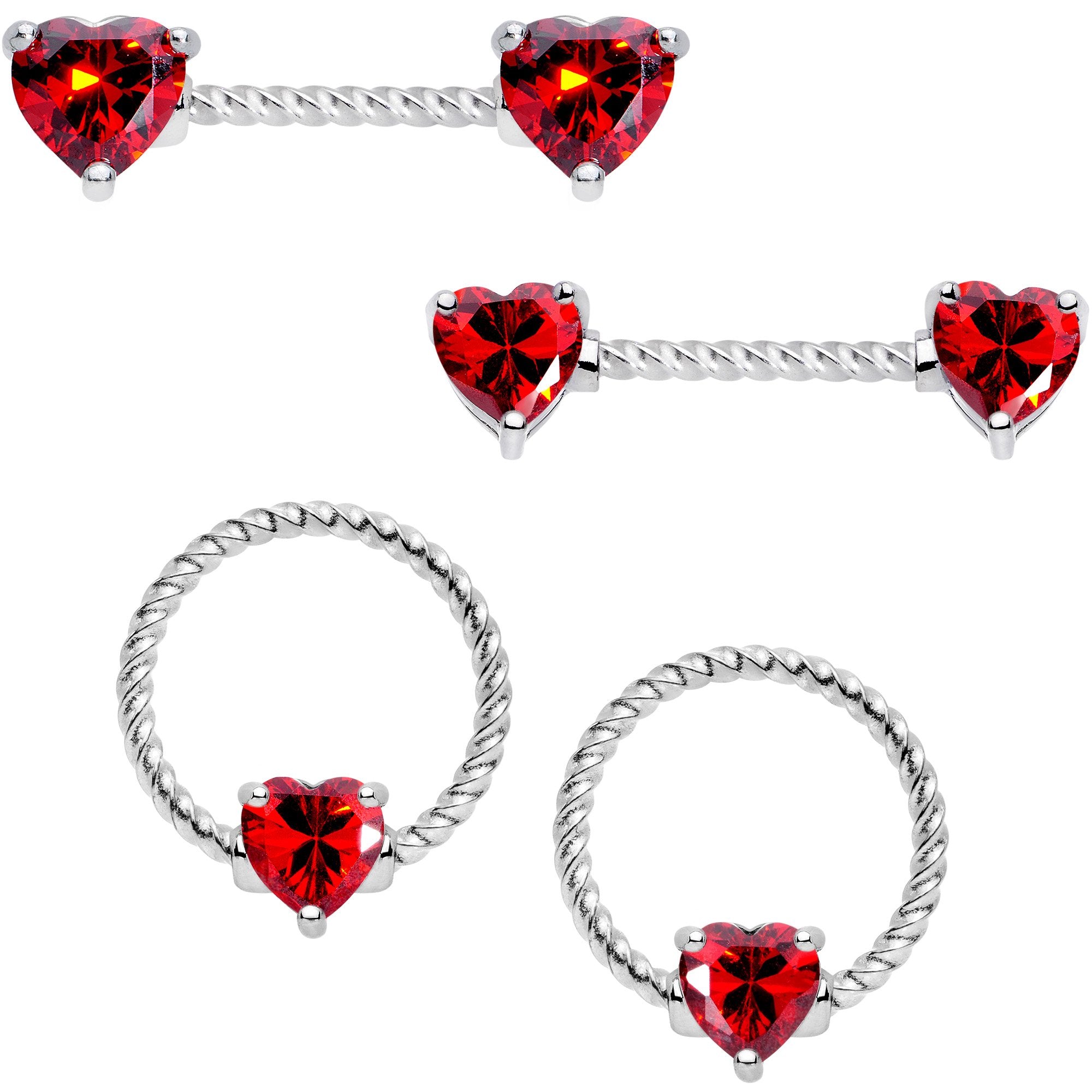 14G Red CZ Gem Heart Twisted Captive Ring Barbell Nipple Ring Set