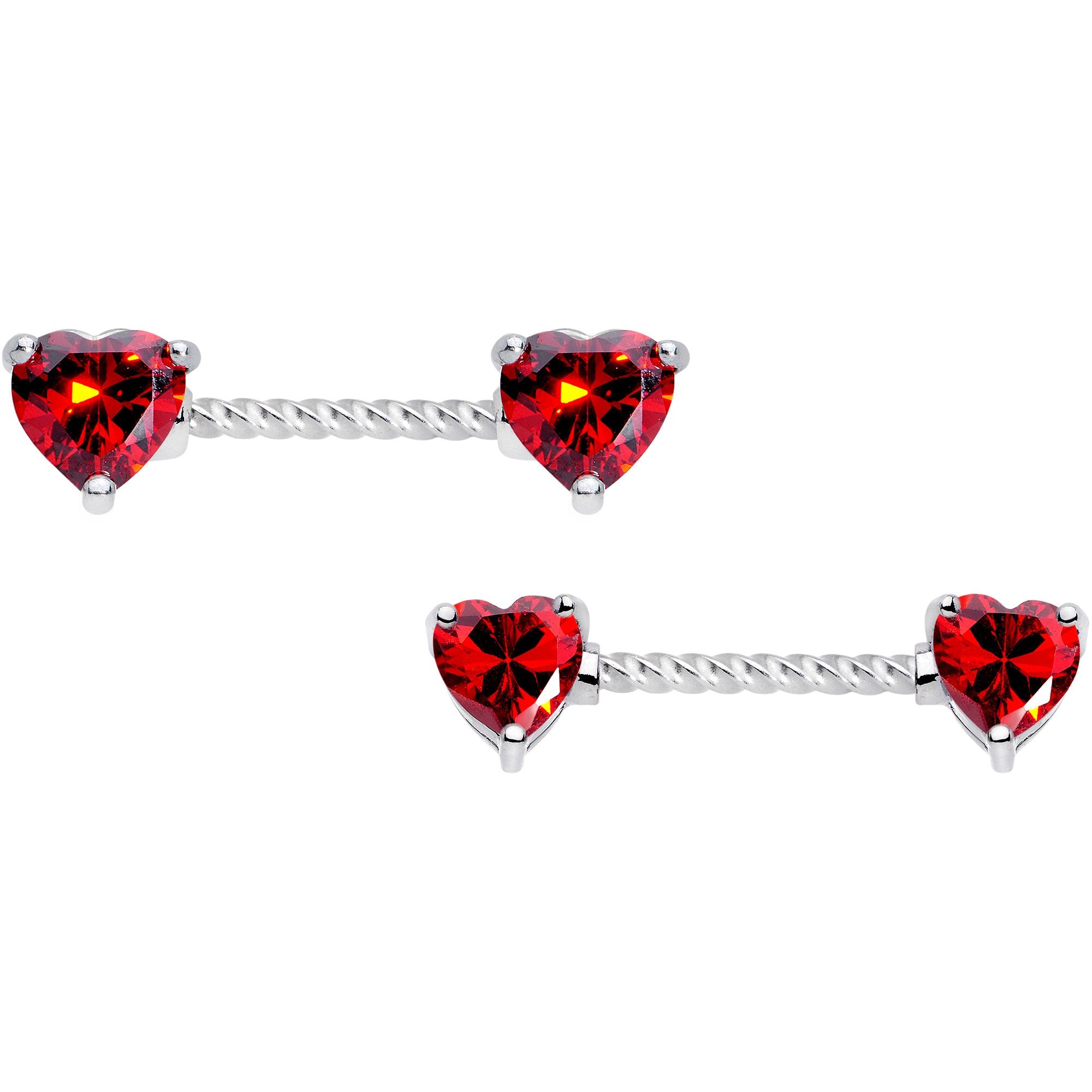 14G Red CZ Gem Heart Twisted Captive Ring Barbell Nipple Ring Set