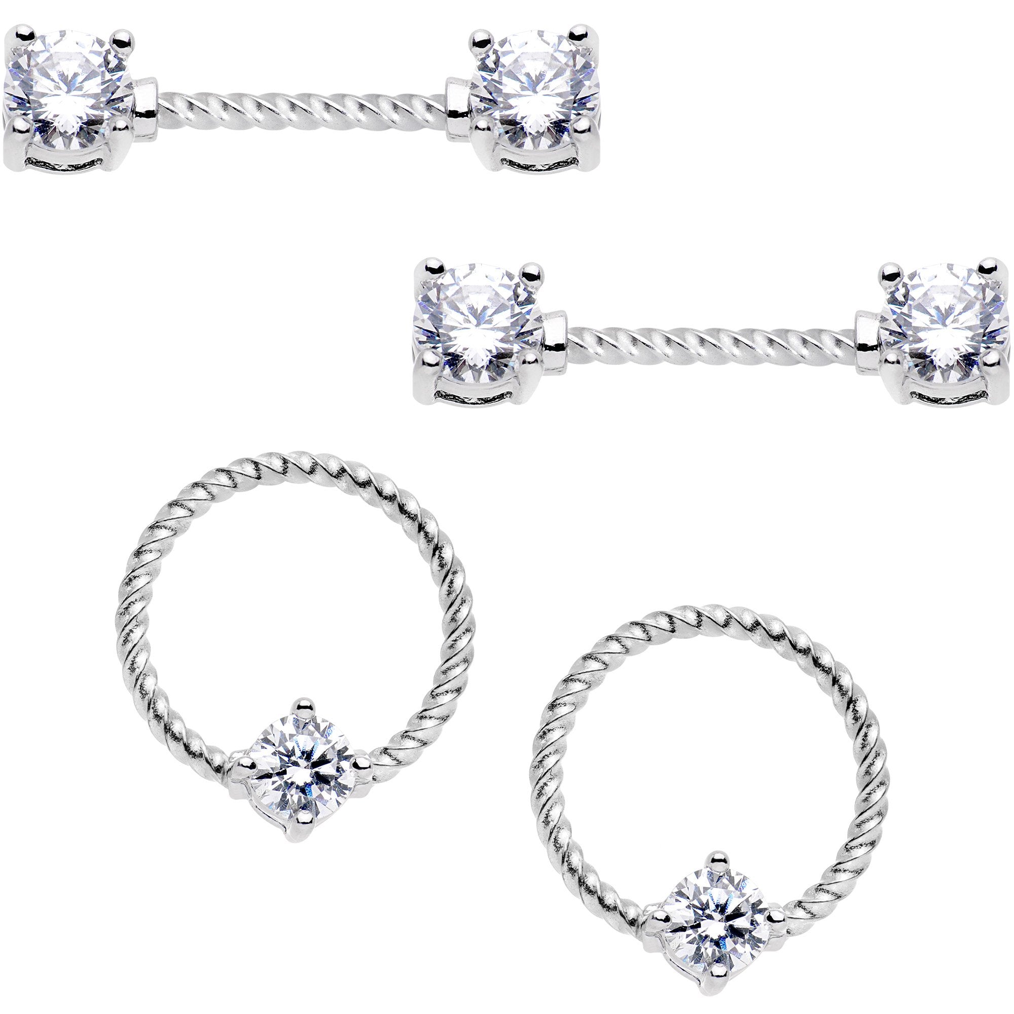 14G Clear CZ Gem Twisted Captive Ring Barbell Nipple Ring Set