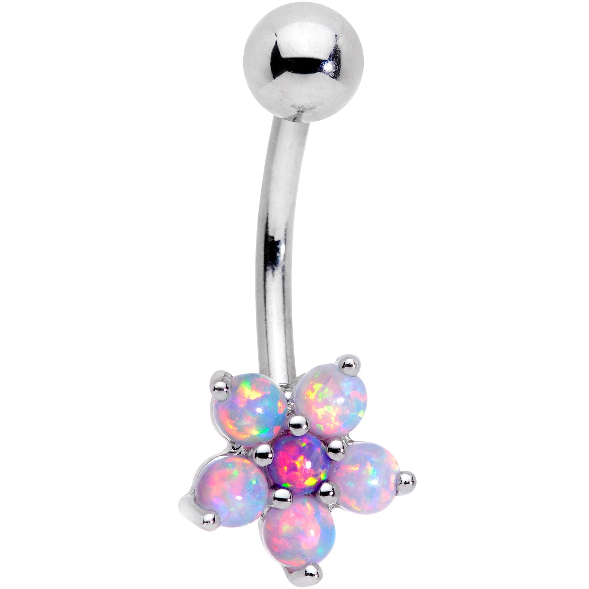 Pink Synthetic Opal Five Petal Flower Belly Ring