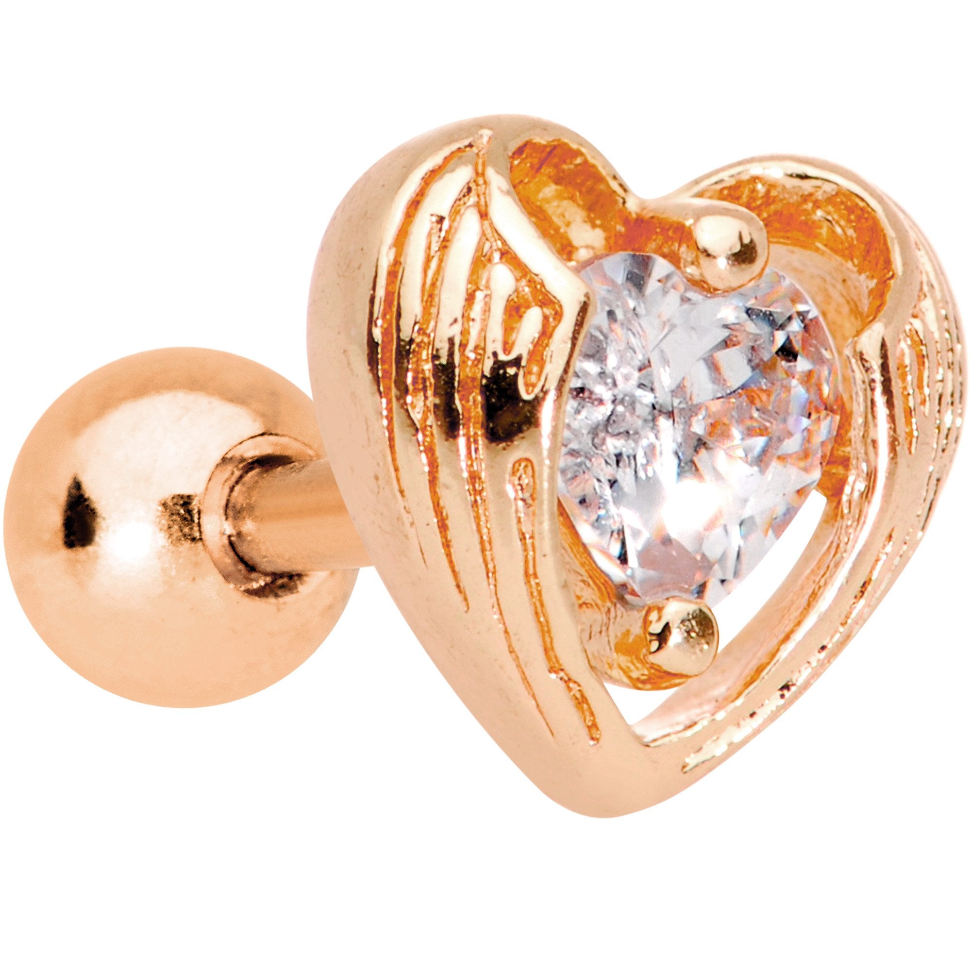 Clear CZ Gem Rose Gold Plated Hugged Heart Cartilage Tragus Earring