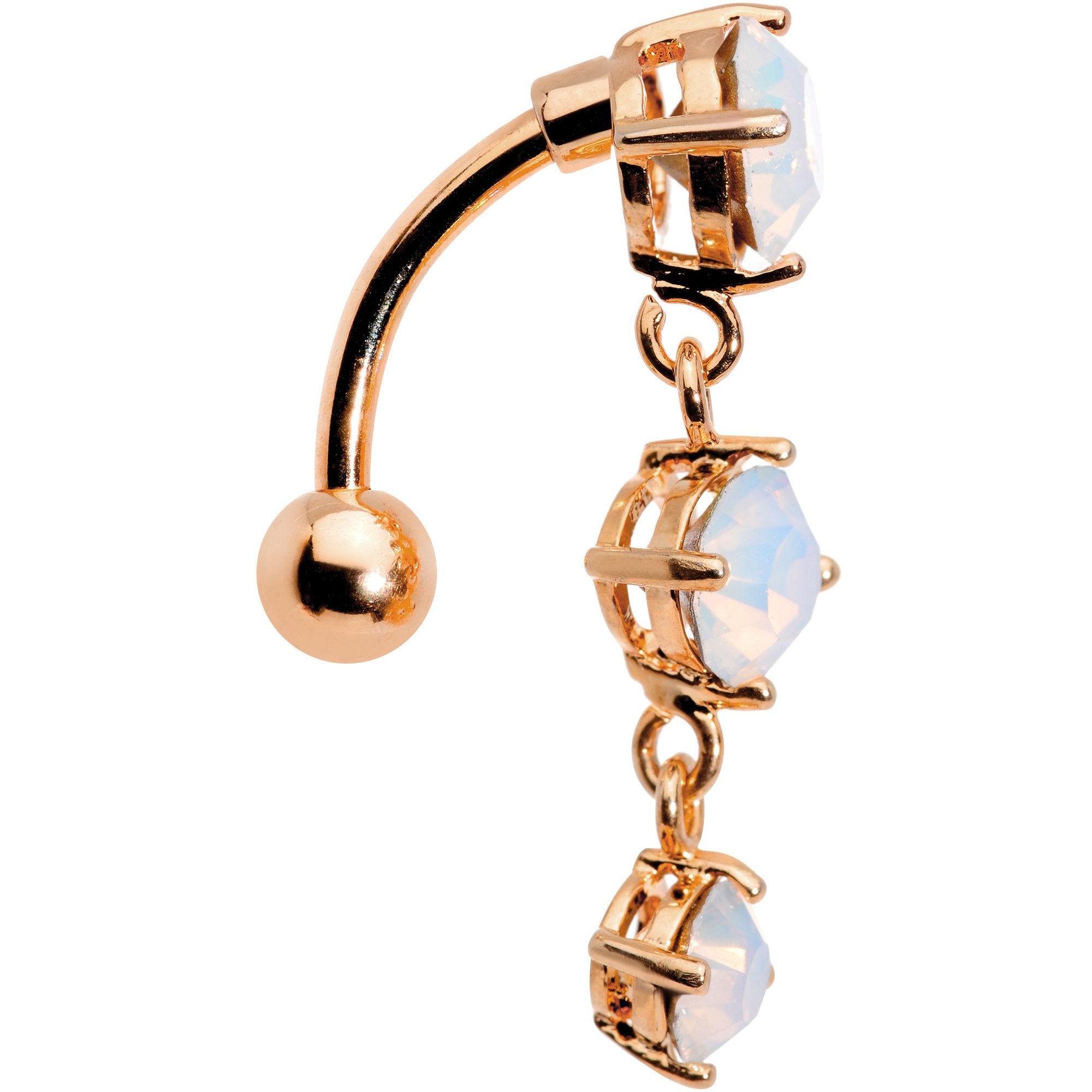White Faux Opal Rose Gold Plated Trio Tier Top Mount Dangle Belly Ring