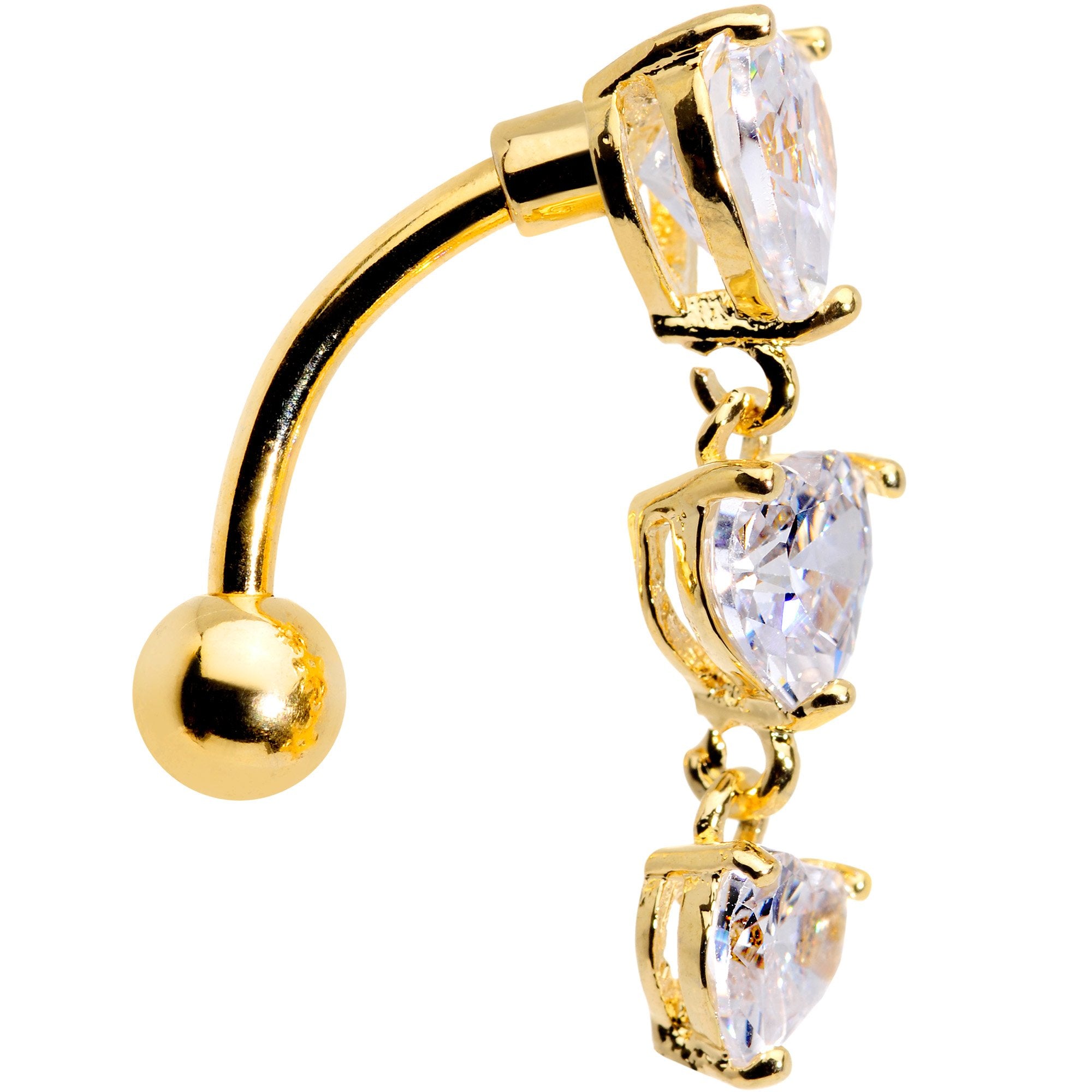 Clear CZ Gem Gold Plated Tri Heart Top Mount Dangle Belly Ring
