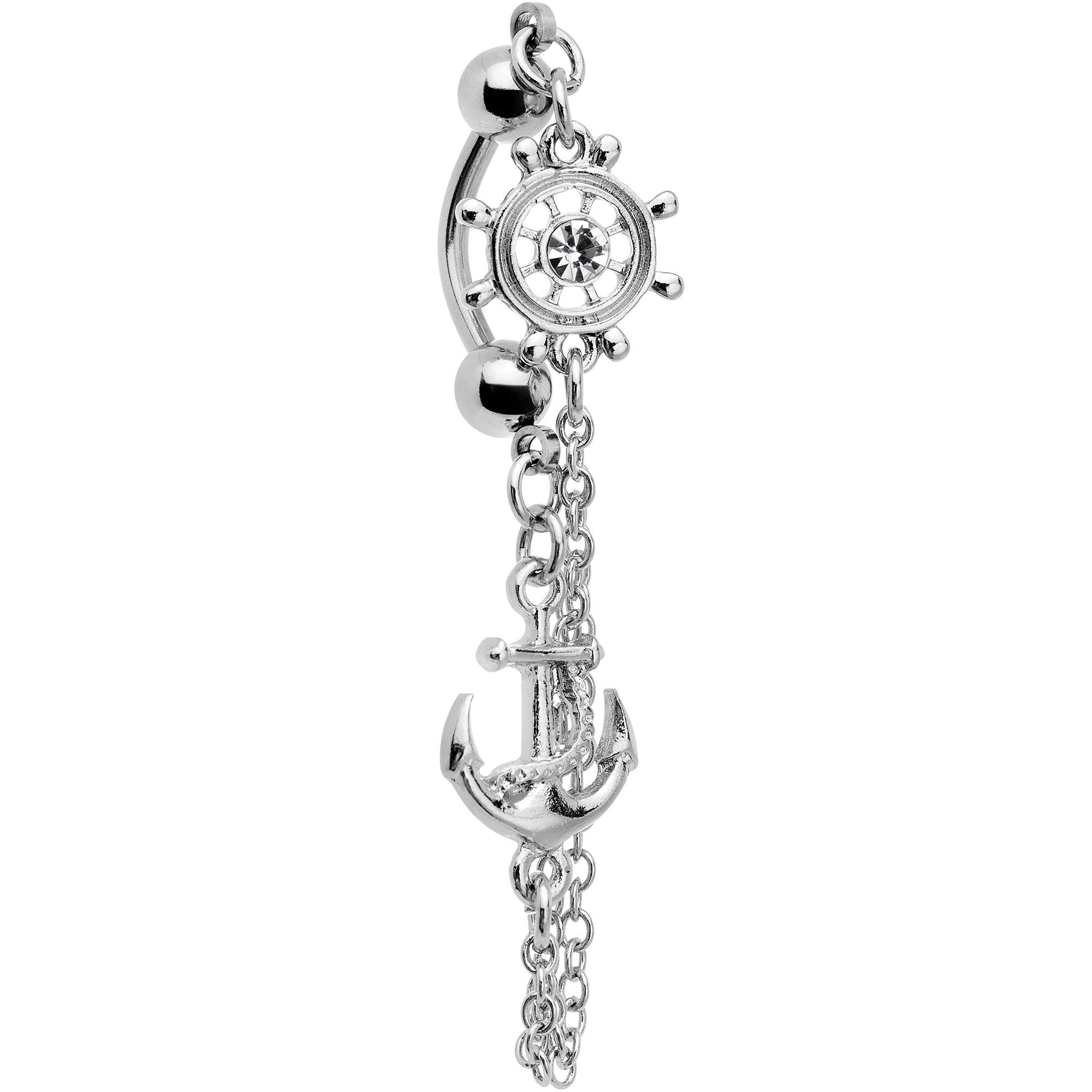 Ship Wheel and Anchor Nautical Chain Reversible Top Mount Dangle Belly Ring