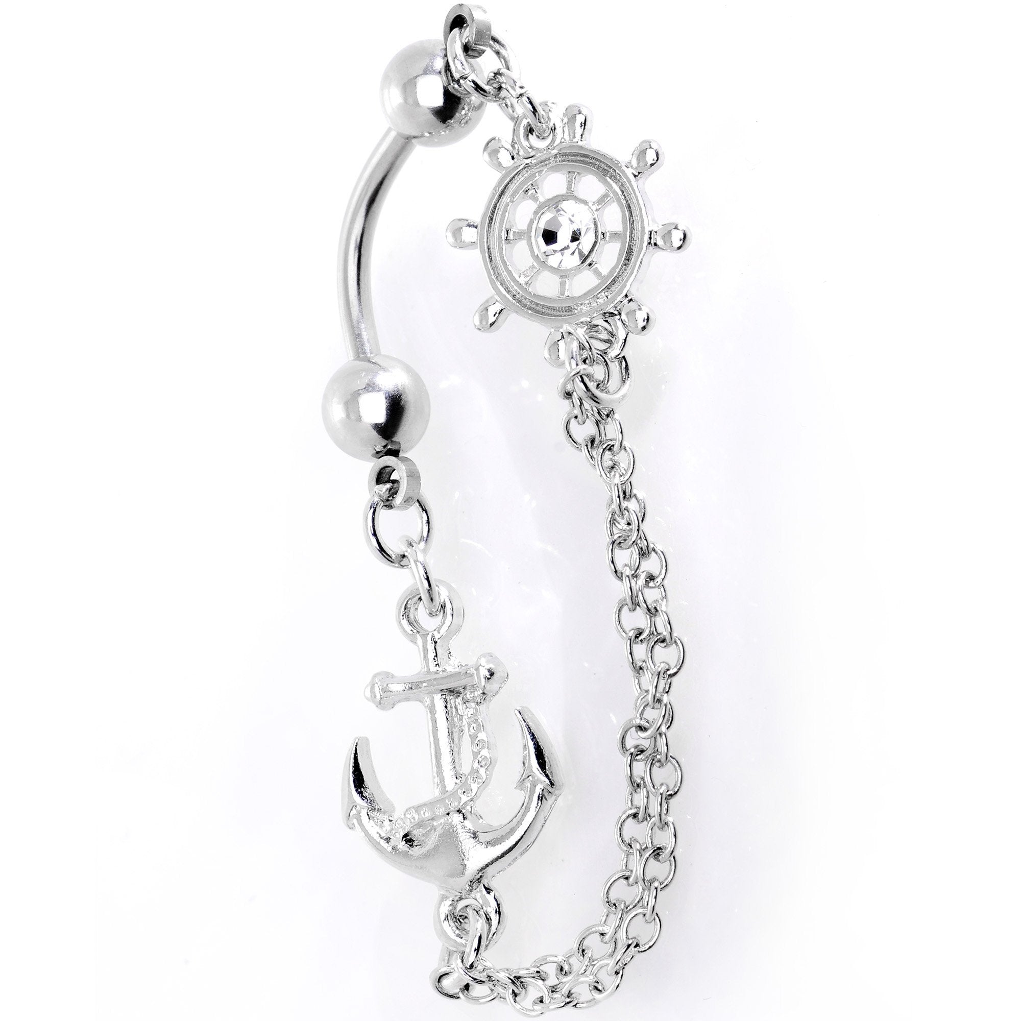 Ship Wheel and Anchor Nautical Chain Reversible Top Mount Dangle Belly Ring