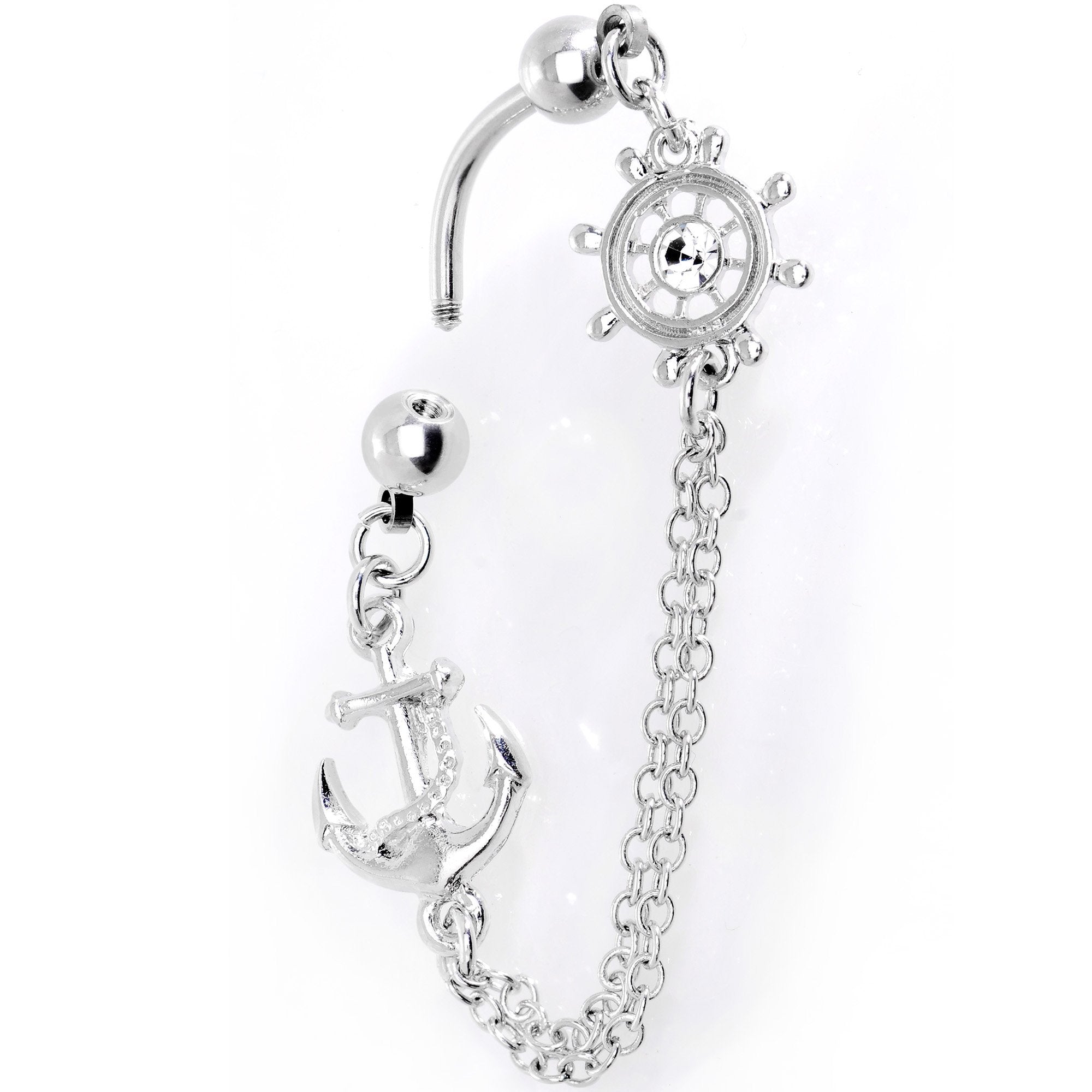 Ship Wheel and Anchor Nautical Chain Reversible Top Mount Dangle Belly Ring