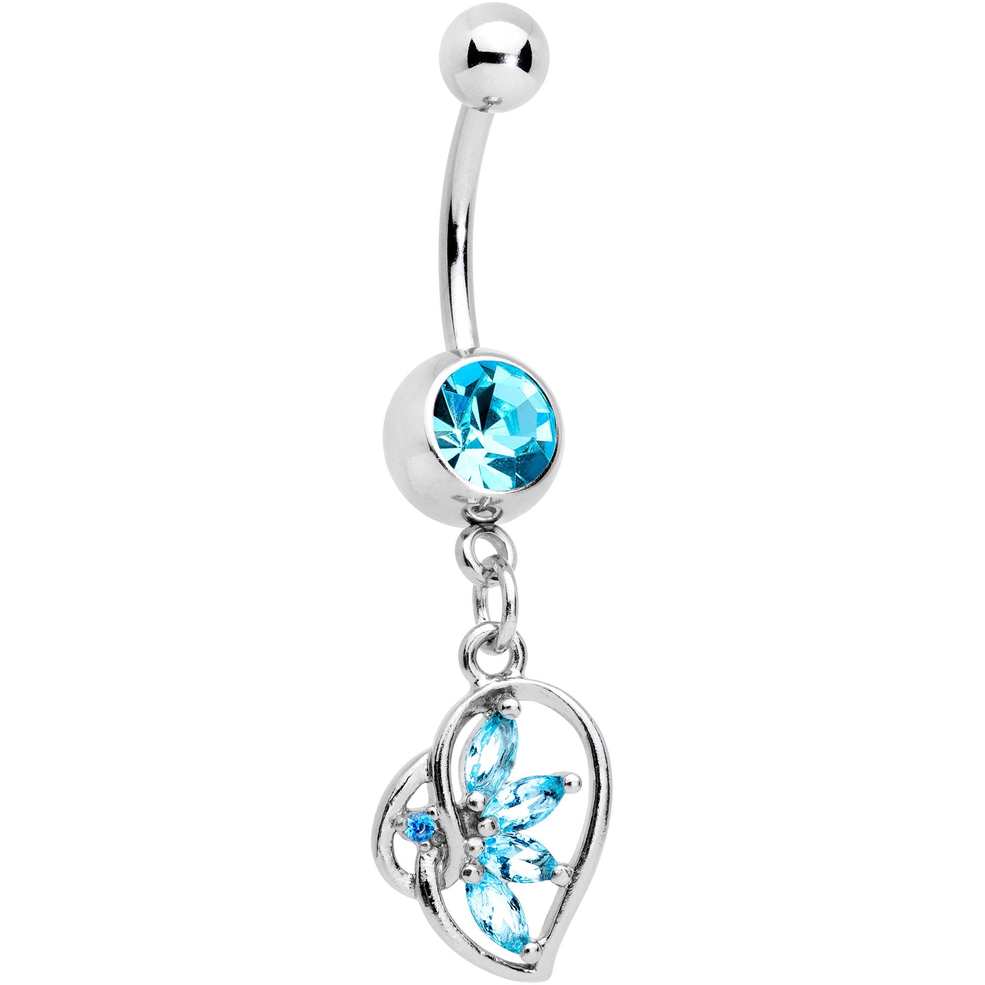 Aqua CZ Gem Twisted Heart Splash Dangle Belly Ring