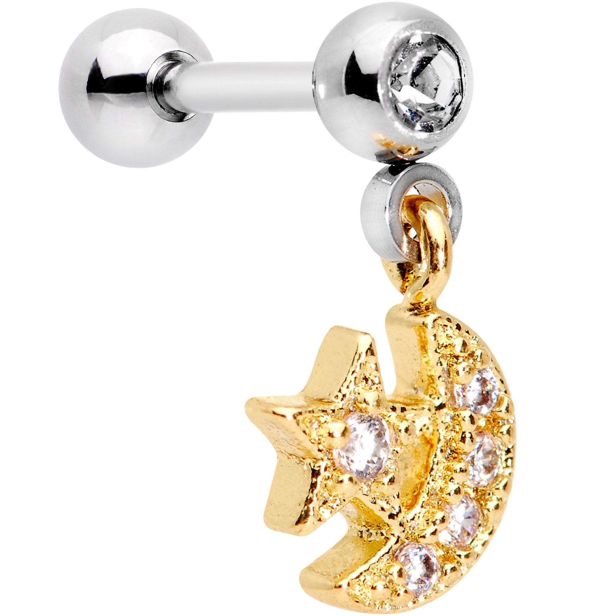 Clear Gem Gold Tone Crescent Moon Dangle Tragus Cartilage Earring