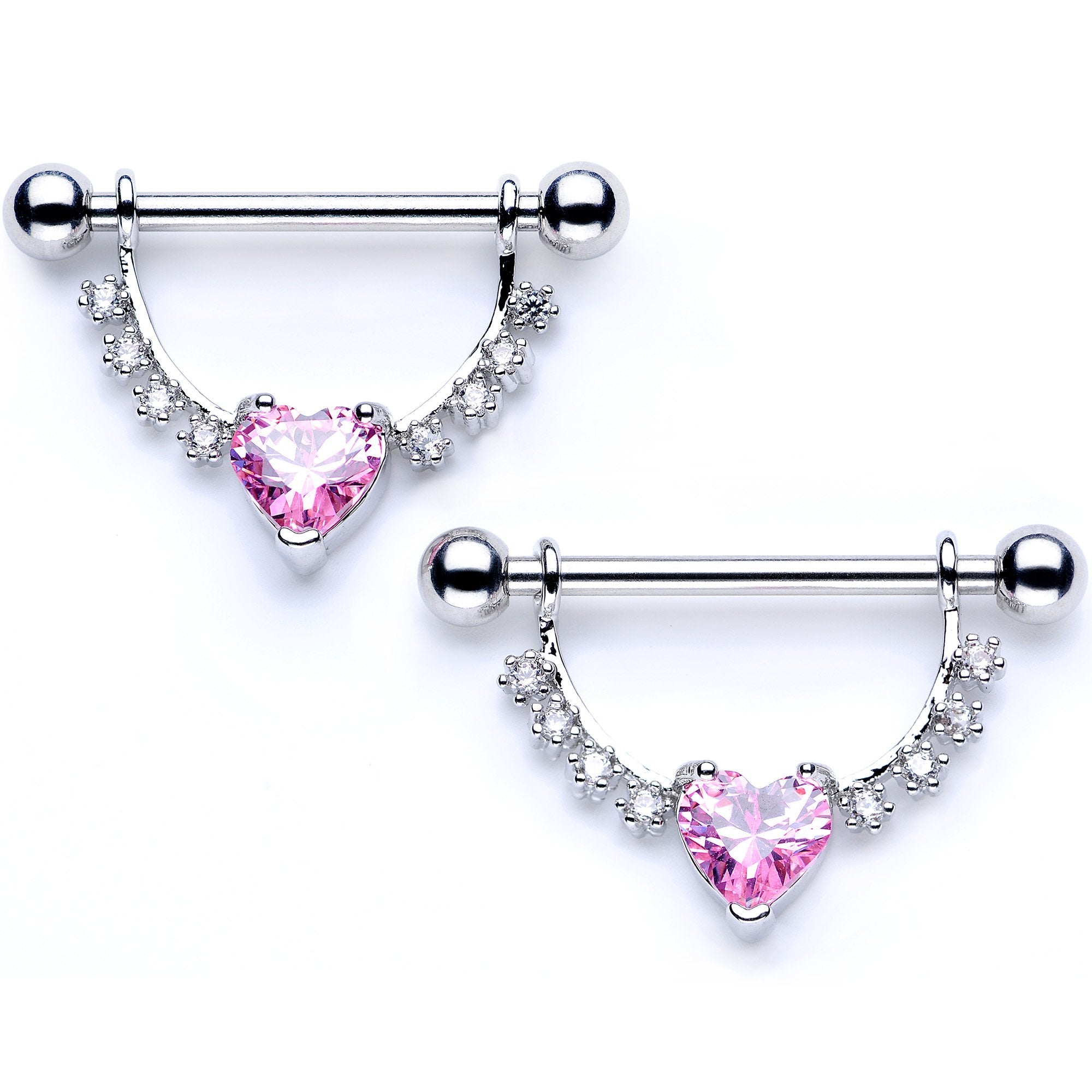 Pink CZ Gem Lacy Heart Dangle Barbell Nipple Ring Set
