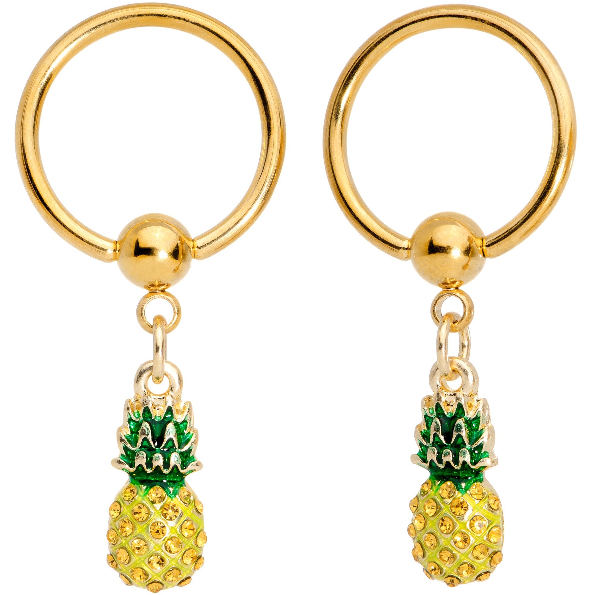 14G Clear CZ Gem Gold Tone Pineapple BCR Barbell Nipple Ring Set