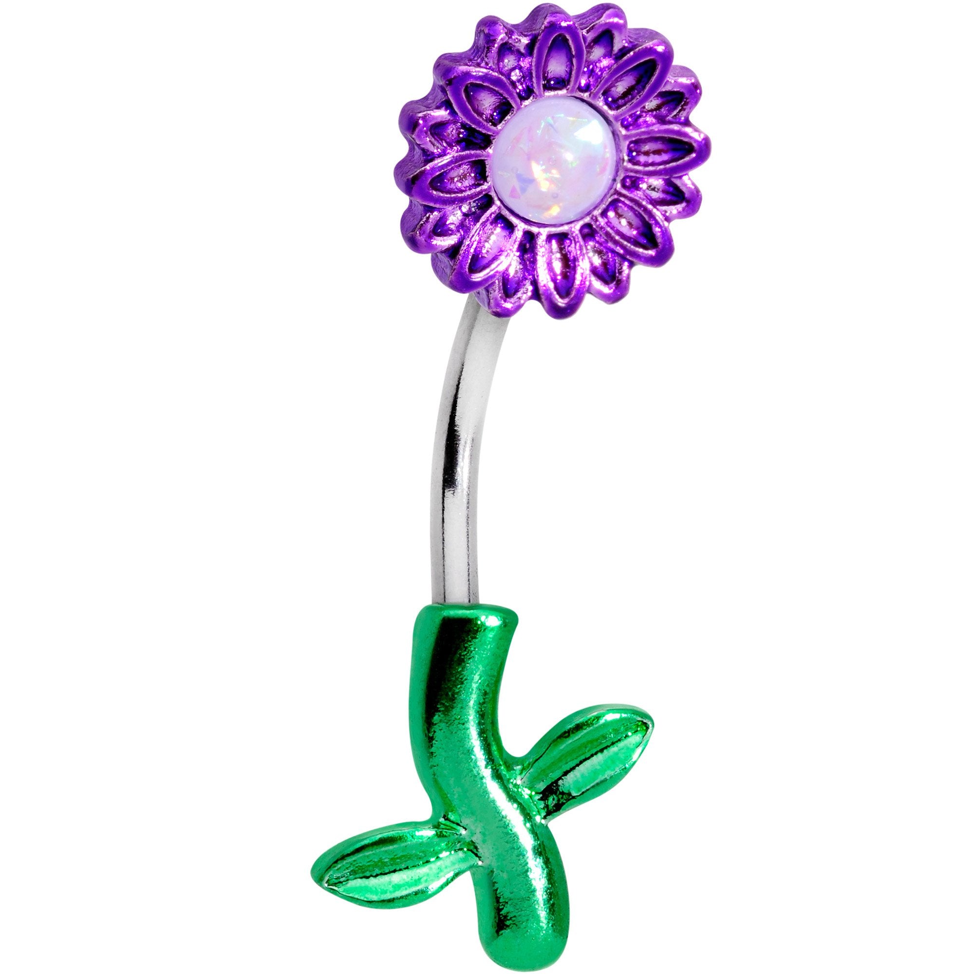 White Faux Opal Purple Sunflower Leaf Double Mount Belly Ring