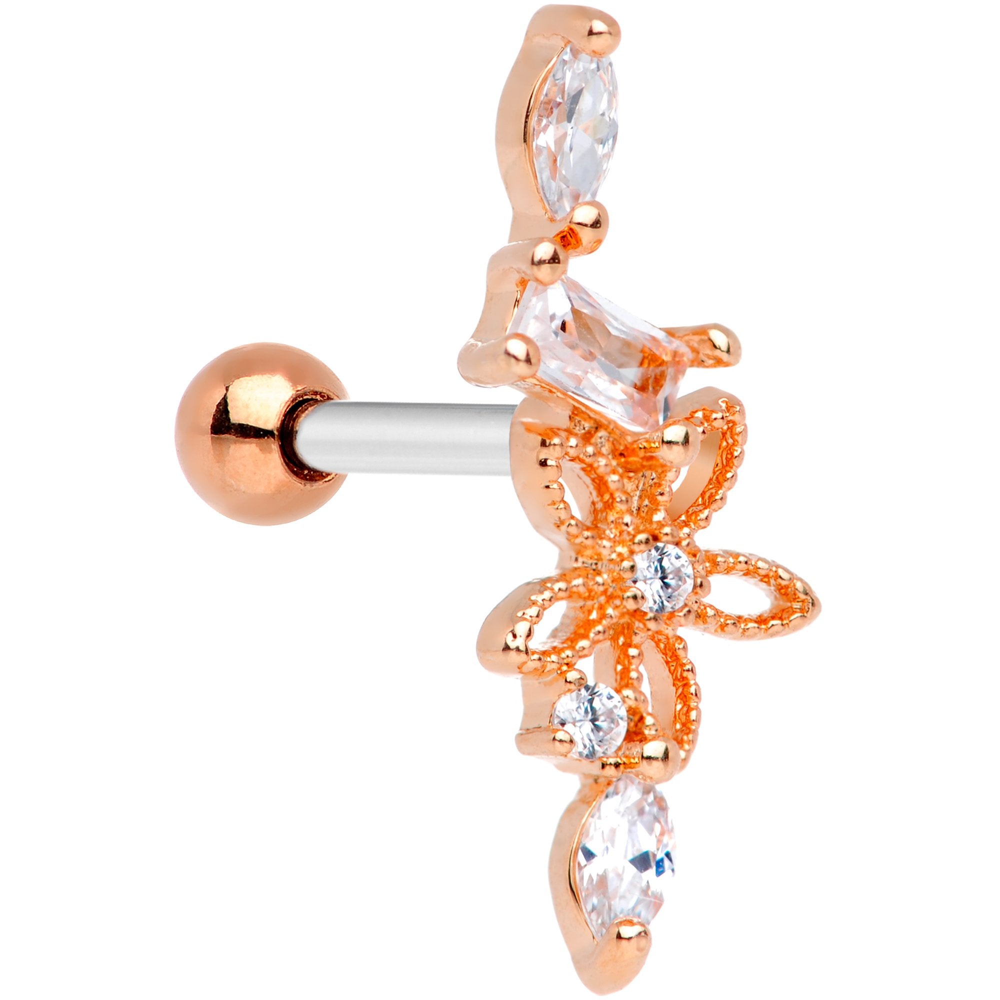 Clear CZ Gem Rose Gold Tone Flower Cascade Cartilage Tragus Earring