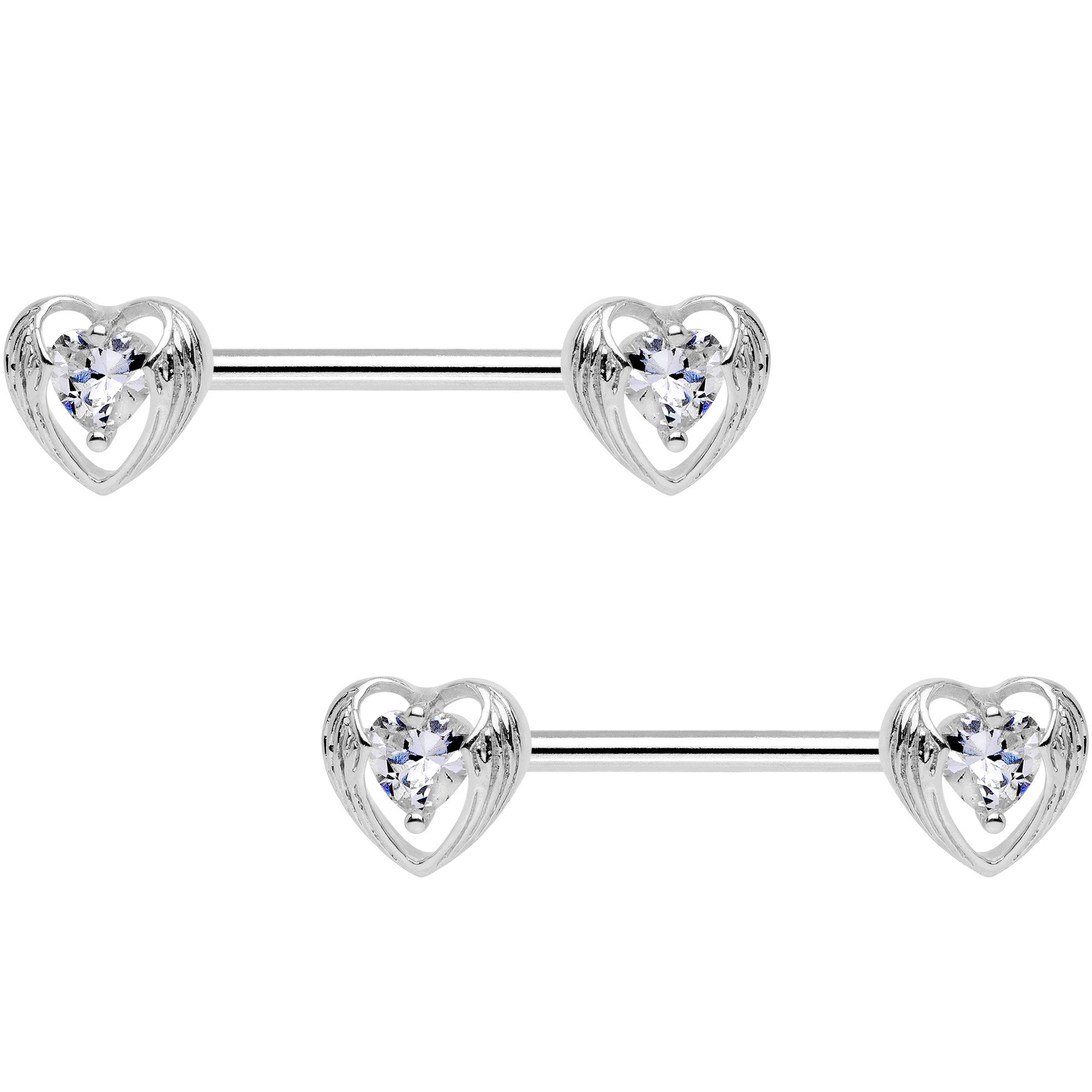 9/16 Clear CZ Gem Hugged Heart Barbell Nipple Ring Set