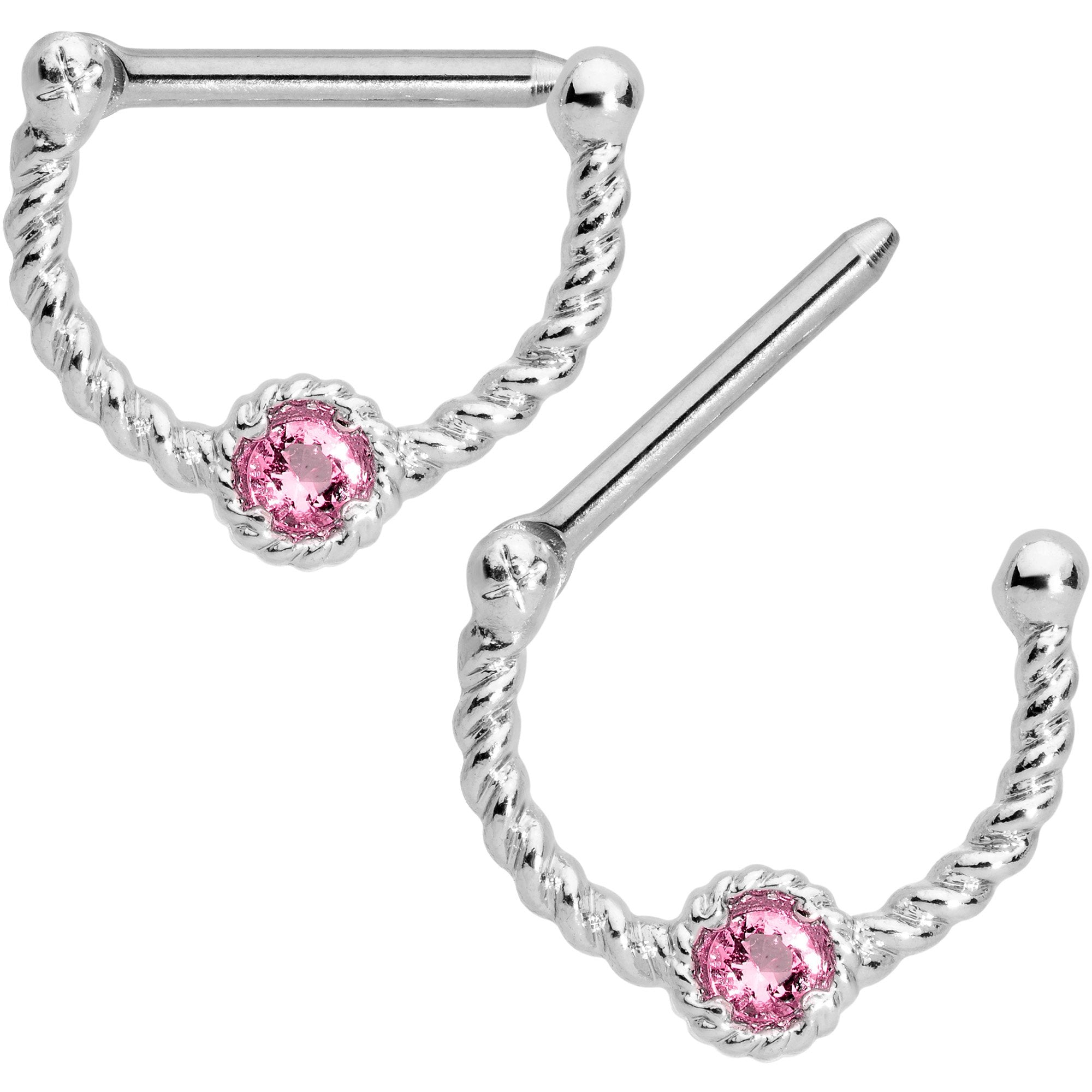 14G 7/16 Pink Gem Twisted Nipple Clicker Set