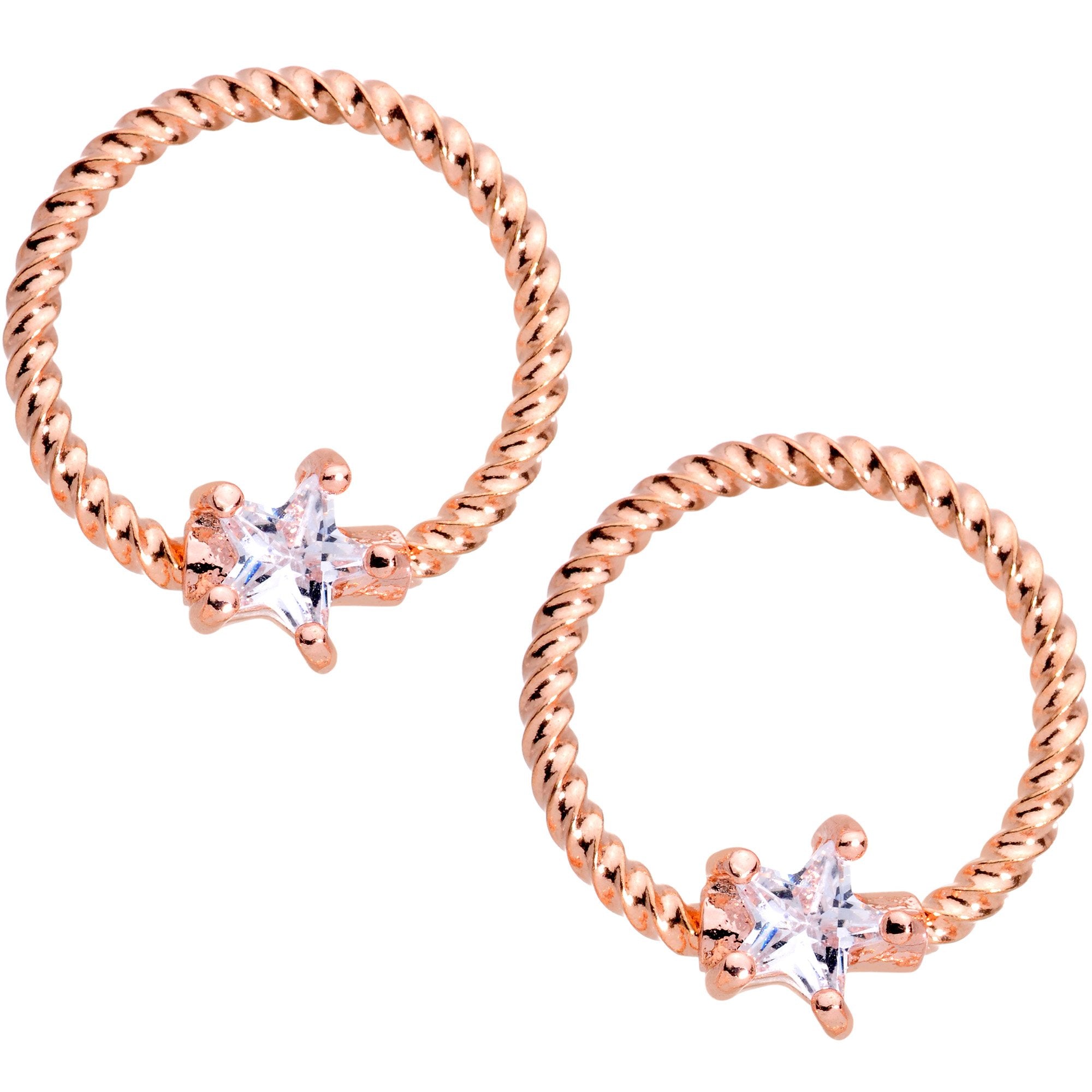 14G Clear CZ Gem Star Rose Gold Hue BCR Barbell Nipple Ring Set