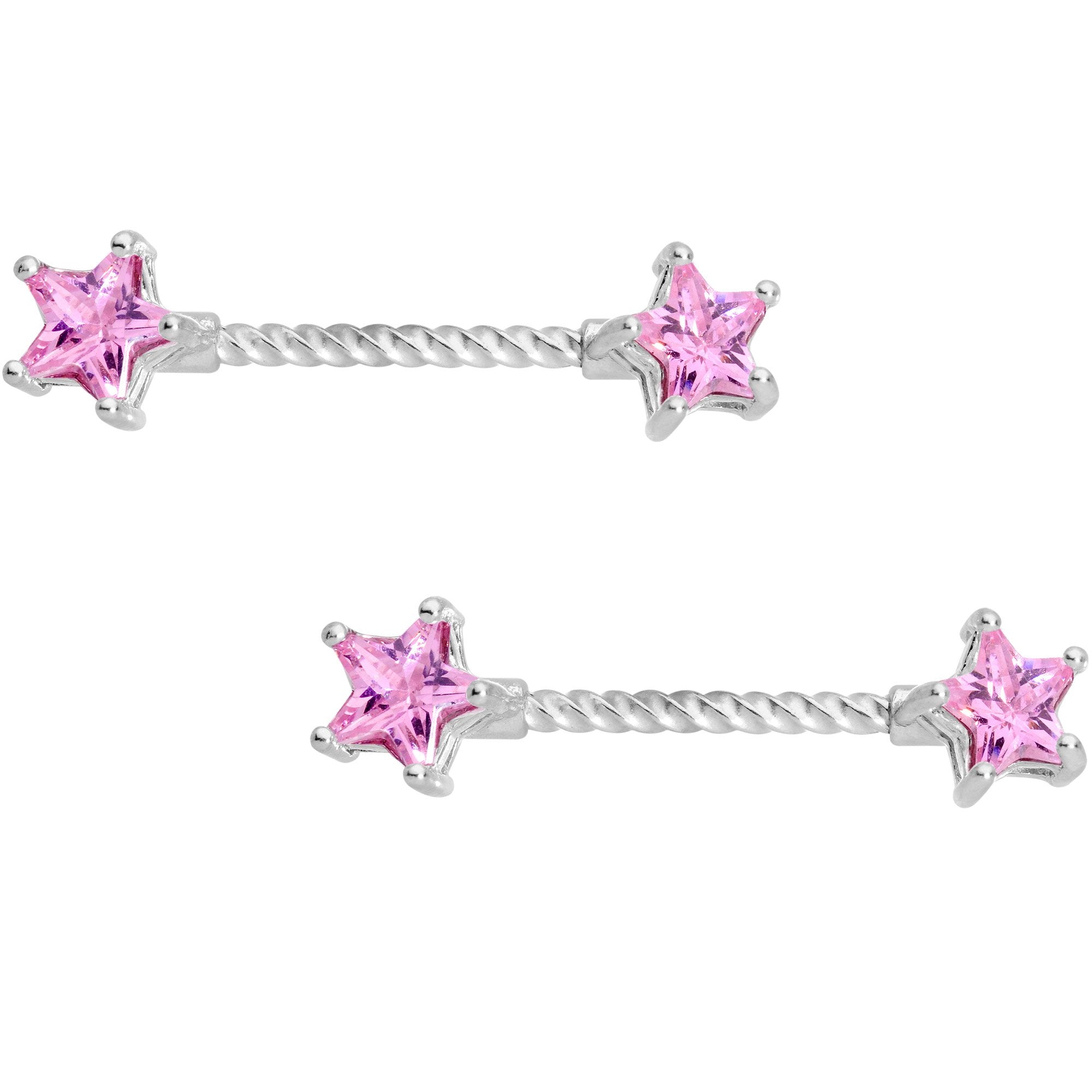 14G Pink CZ Gem Star Twisted BCR Barbell Nipple Ring Set of 4