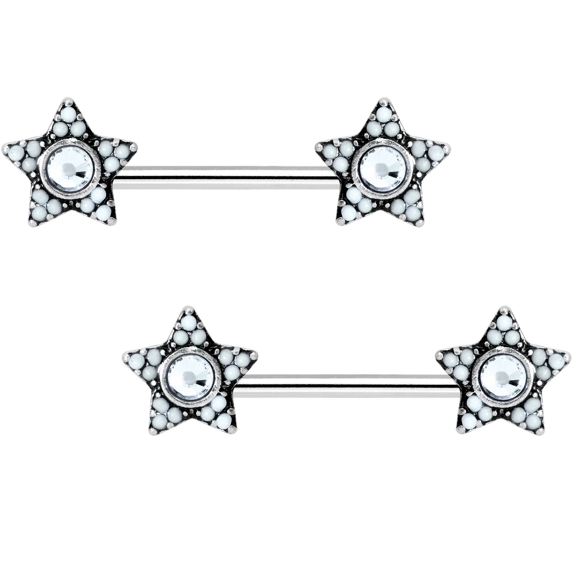 9/16 Clear Gem Encrusted Big Star Barbell Nipple Ring Set