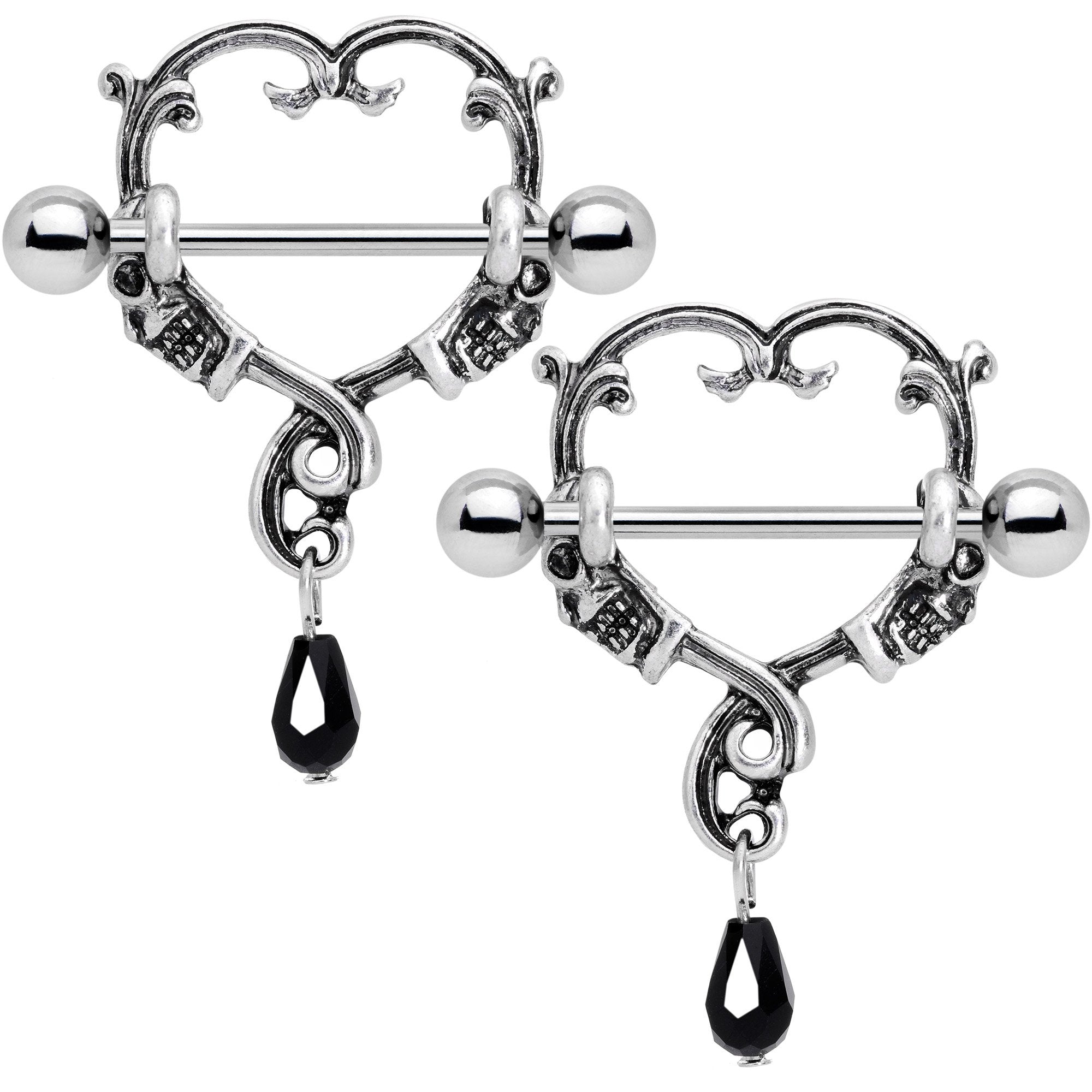 3/4 Black Gem Twisted Skull Heart Nipple Shield Set