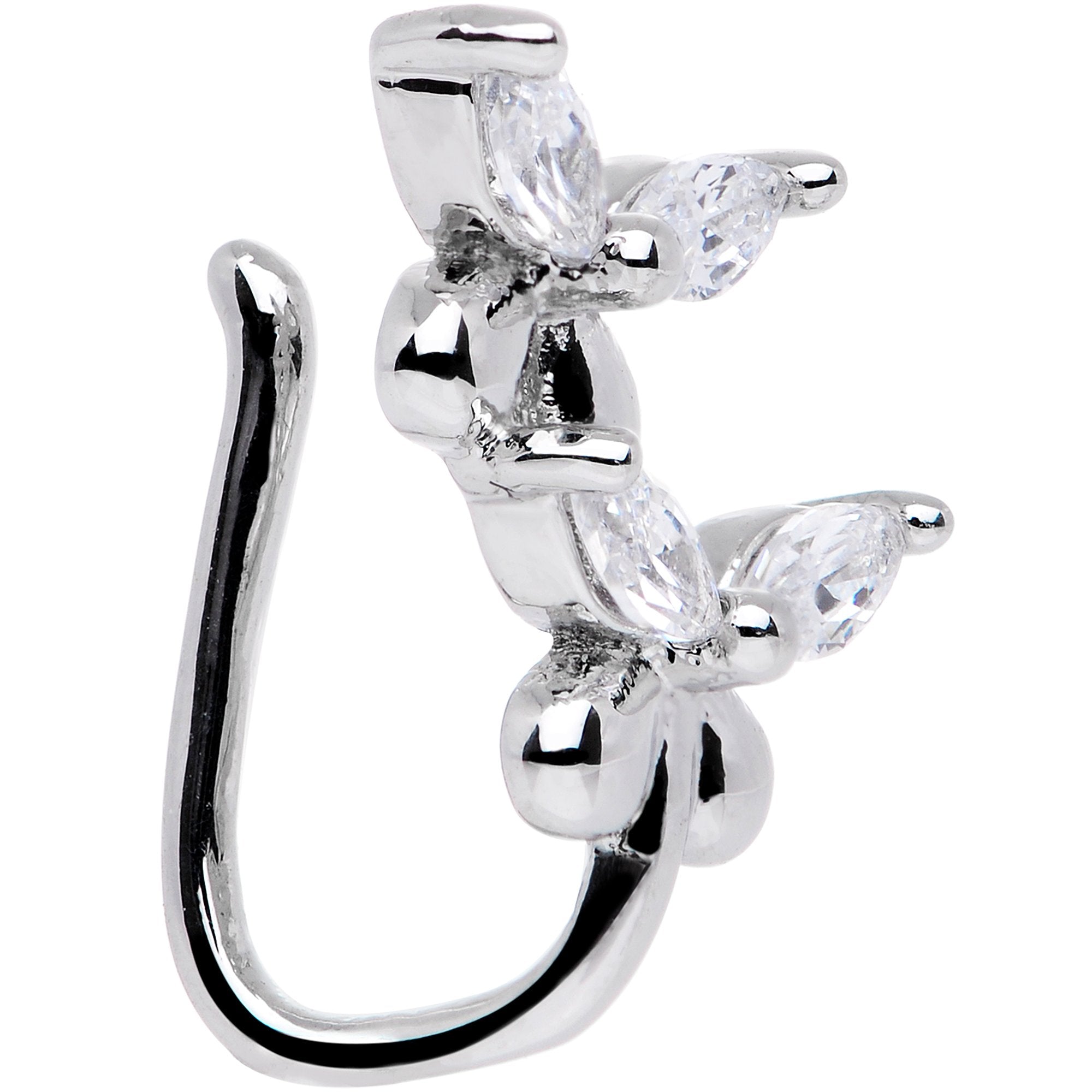 Clear CZ Gem Rhodium Plated Twin Butterfly Clip On Fake Nose Ring