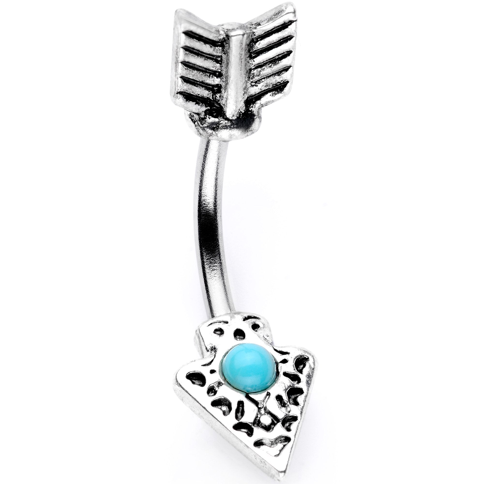 Faux Turquoise Feather Arrow Double Mount Belly Ring