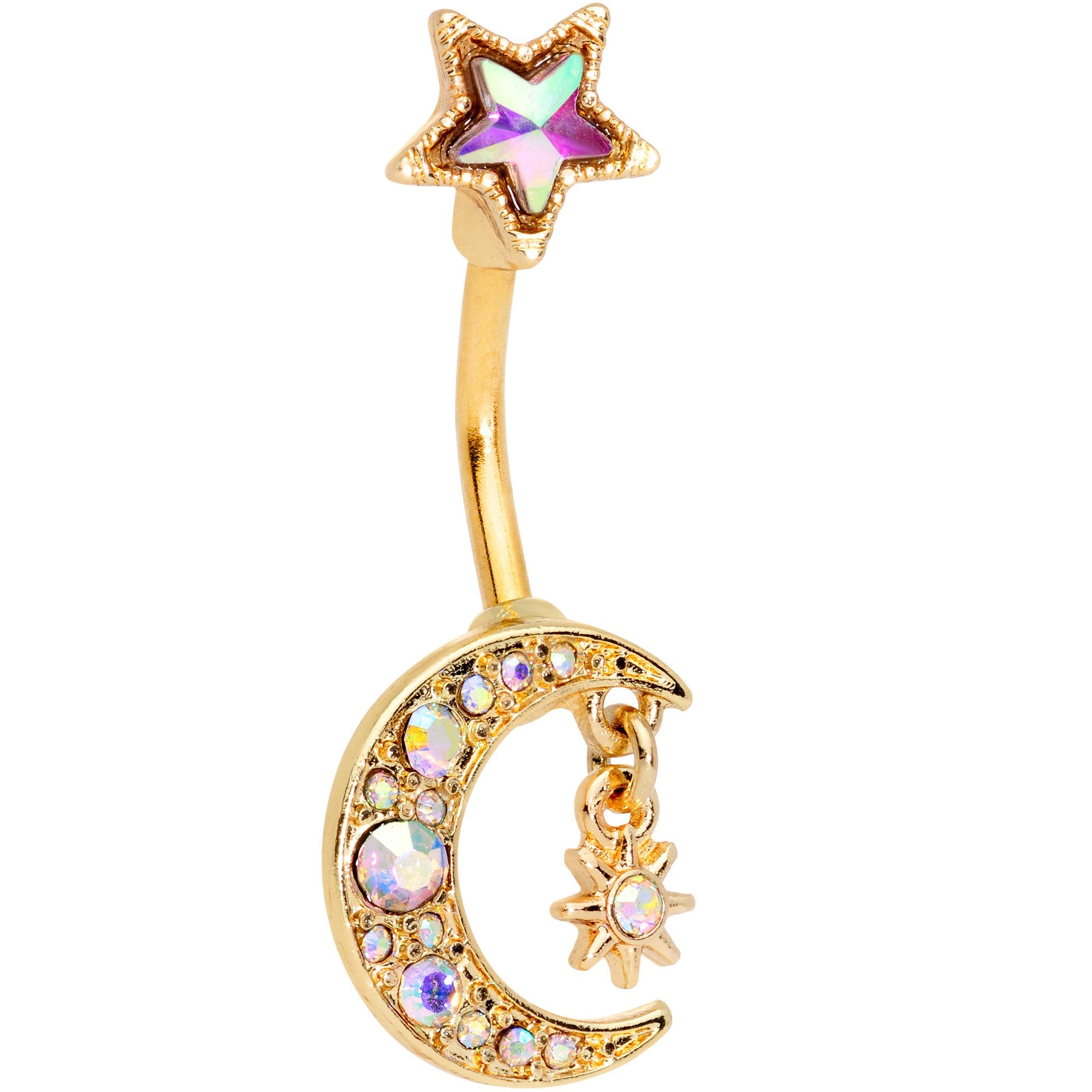 Aurora Gem Gold Tone Moon and Star Double Mount Belly Ring