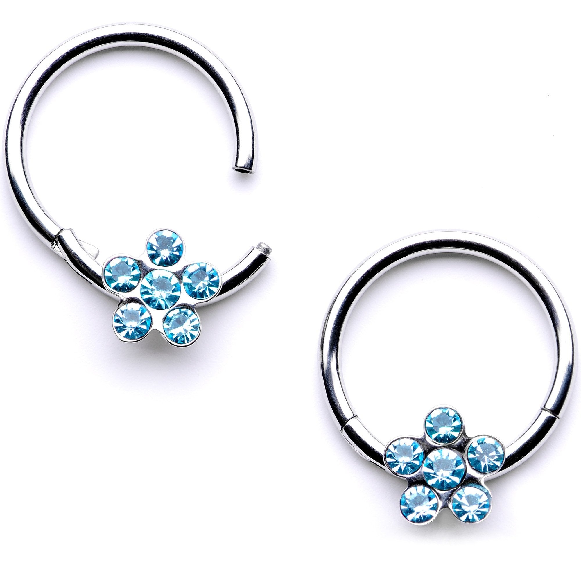 16G 3/8 Aqua Gem Petal Flower Hinged Segment Ring Set