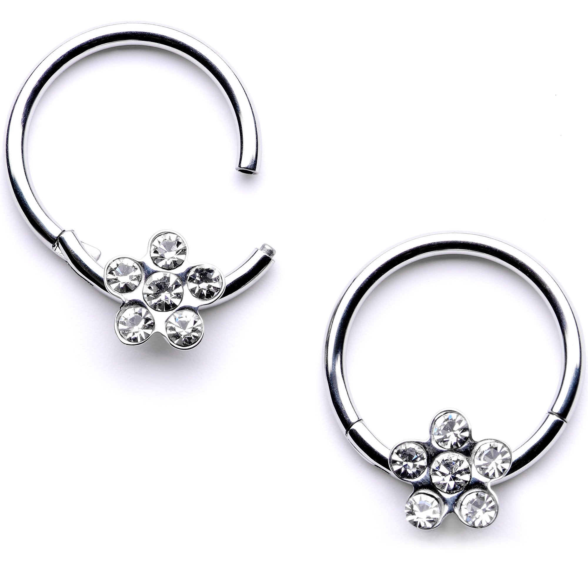 16G 3/8 Clear Gem Petal Flower Hinged Segment Ring Set