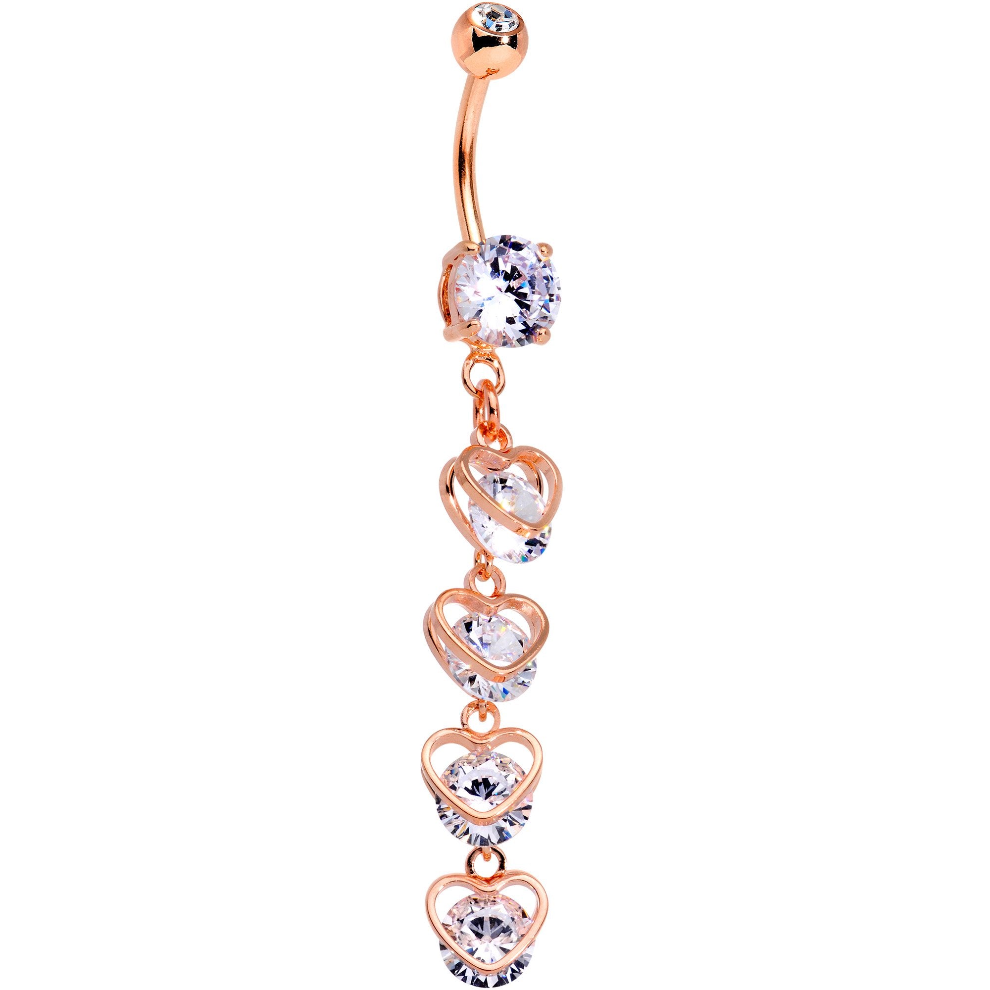 Clear CZ Gem Rose Gold Tone Anodized Heart Trap Dangle Belly Ring
