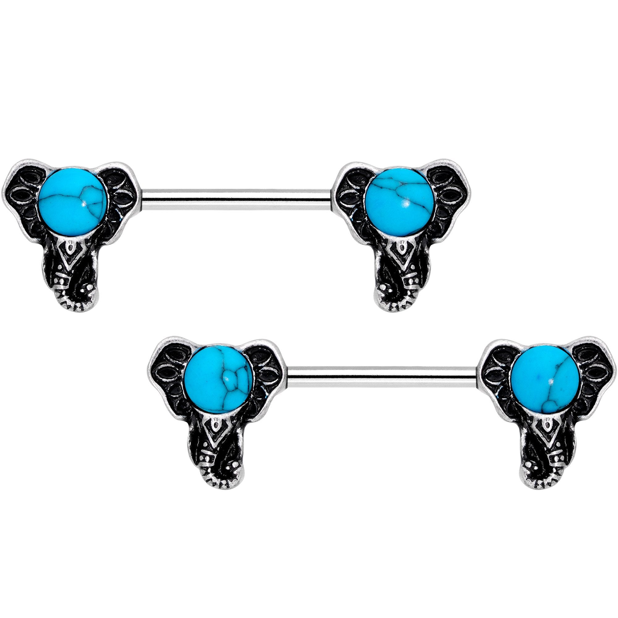 9/16 Southwestern Blue Orb Elephant Barbell Nipple Ring Set