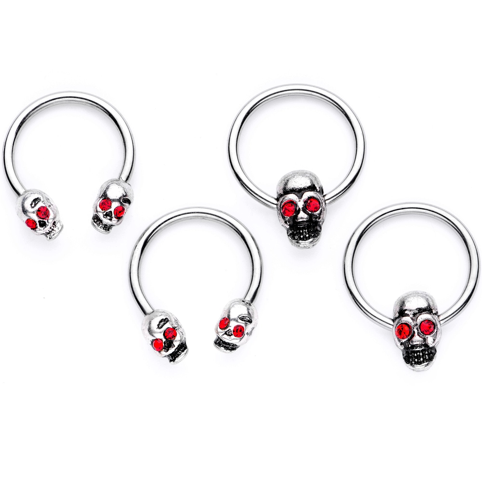 16G 3/8 Red Gem Skull Eye Horseshoe Barbell BCR Captive Ring Set